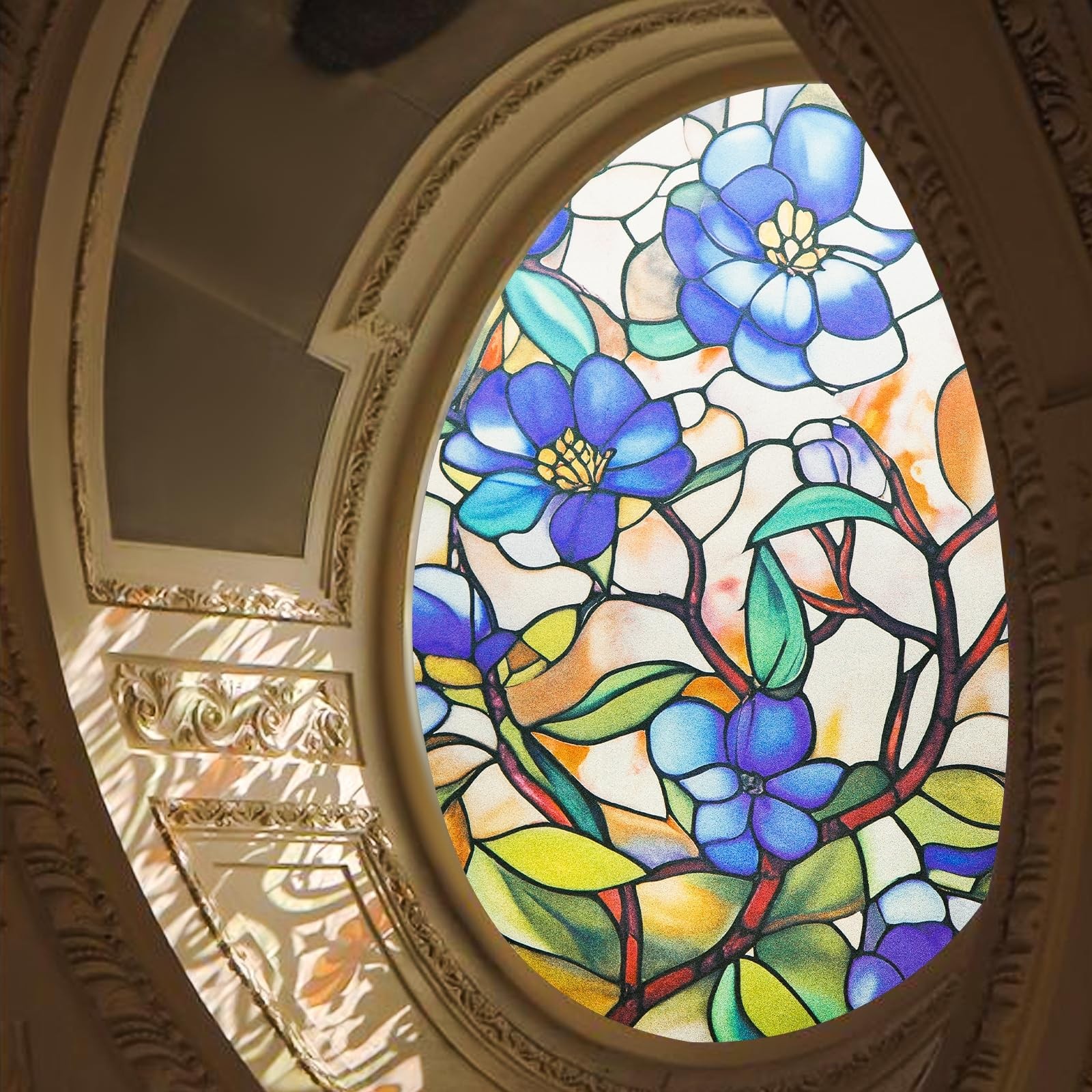 Window Privacy Film – Stained Glass Style Floral 24″ x 36″, Glazed Blue