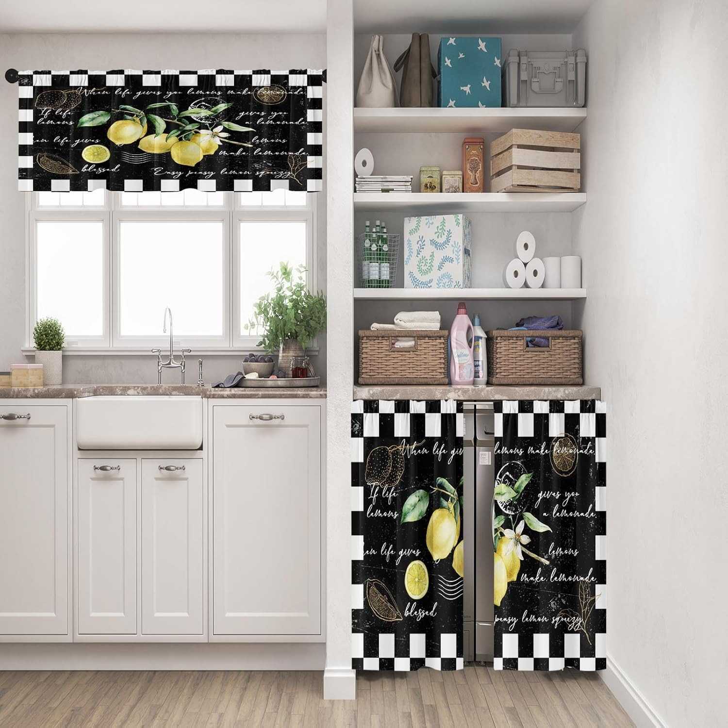 Lemon Kitchen Window Curtains Valance and Tier Set 36 Inch Fruit Black White Che