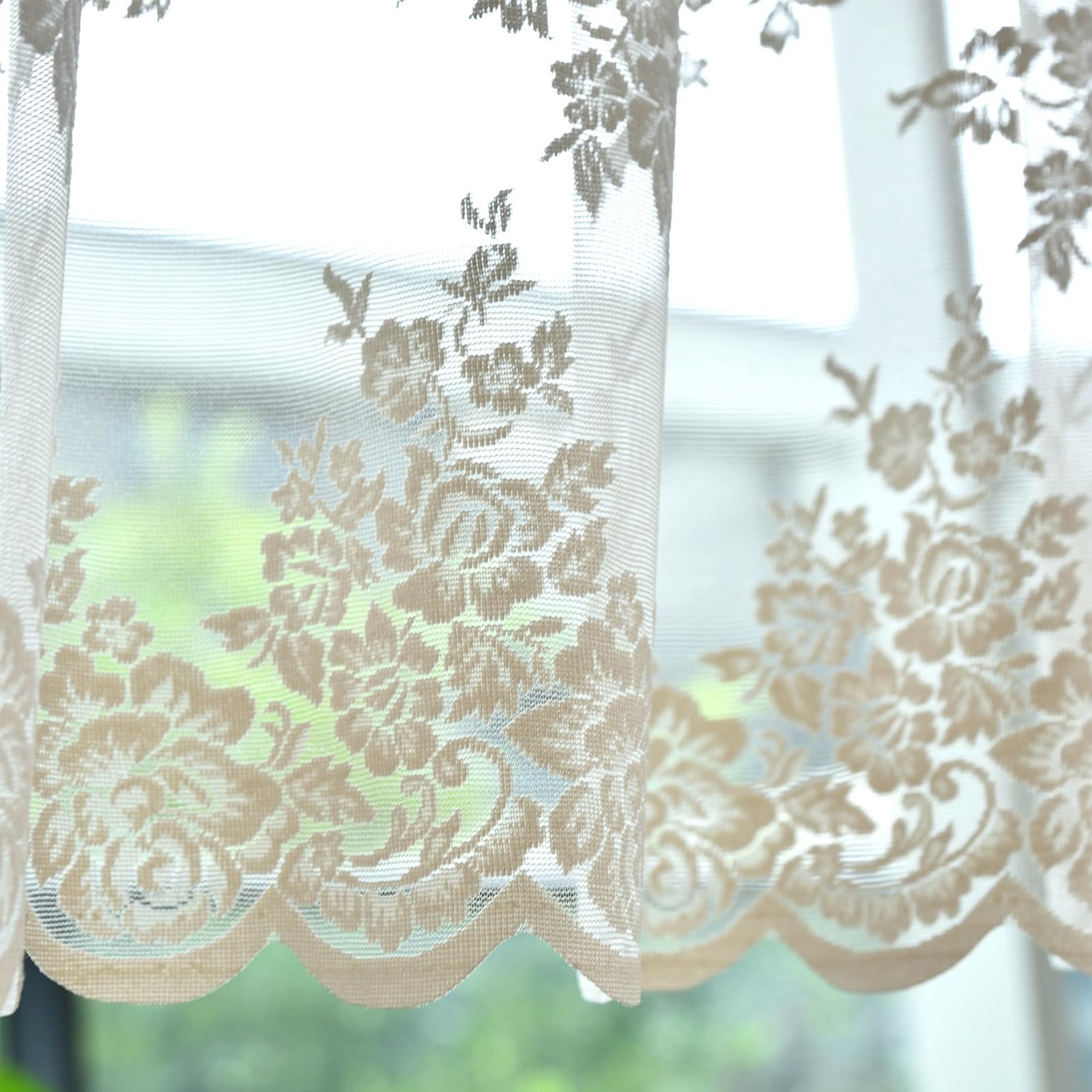 Beige Lace Valance Curtain for Kitchen Window, Rusitc Floral Vintage Cream Sh…