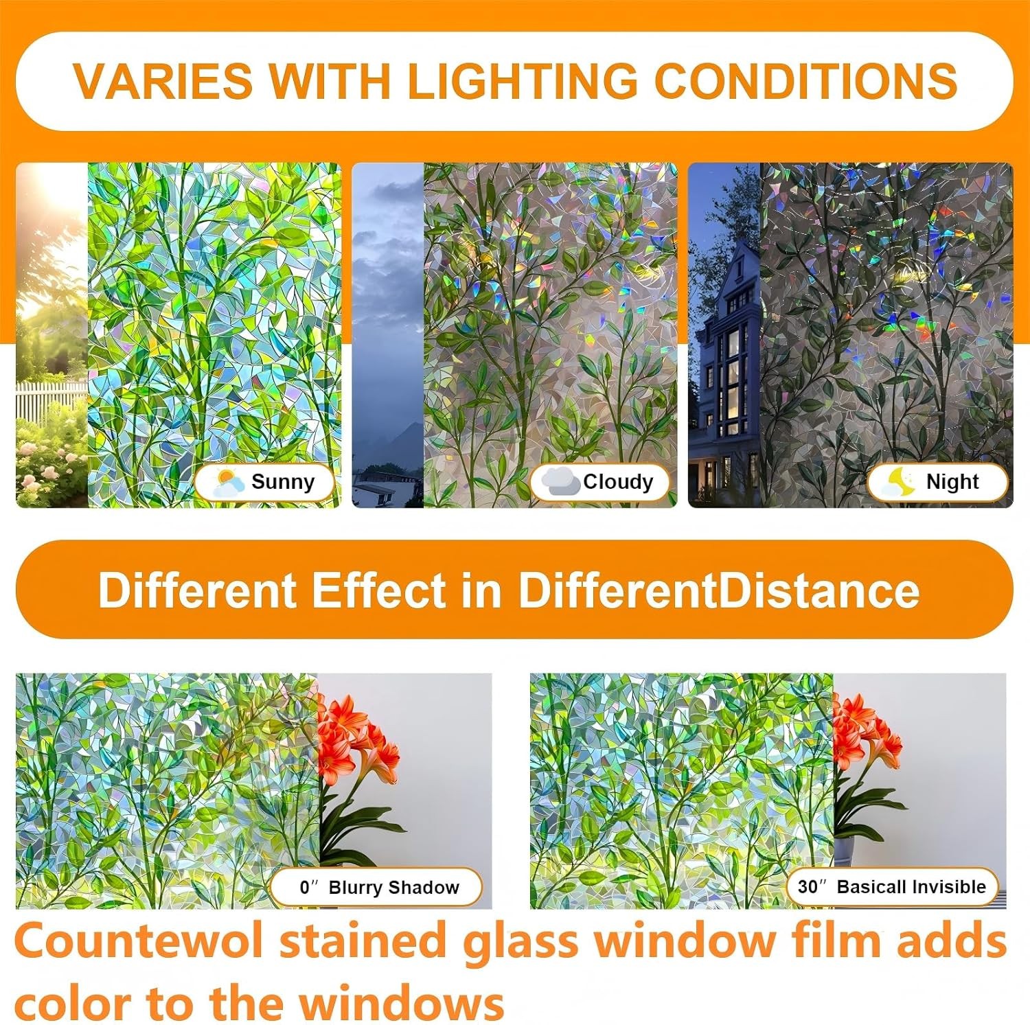 Window Privacy Film Stain Glass 17.5 x 78.7 in, Leaf Rainbow