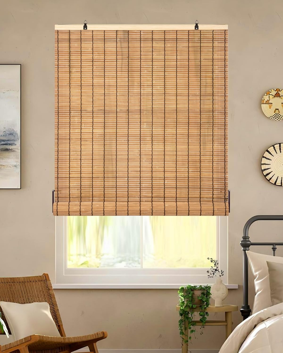 Cordless Bamboo Roman Shades 60″x72″ – Light Filtering Roll-Up Blinds, Brown