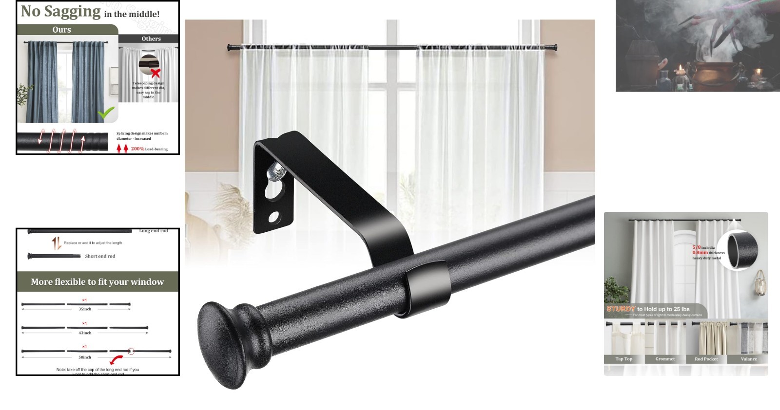 Matte Black 5/8” Curtain Rods for Windows 28-50” – Includes Mounting Hardware