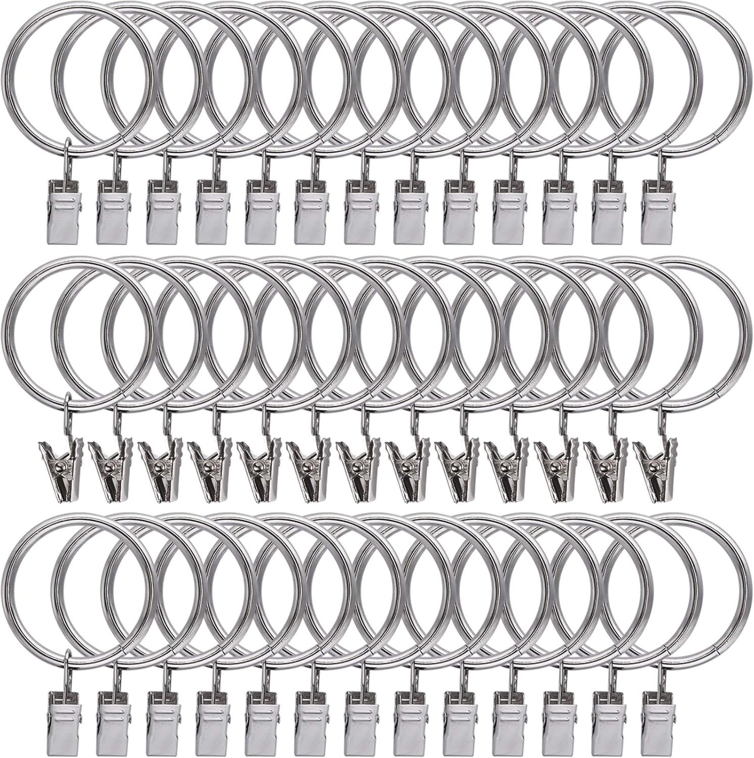 44 Pack Curtain Rings with Clips Silver Stainless Steel 1.5 Inch Hangers