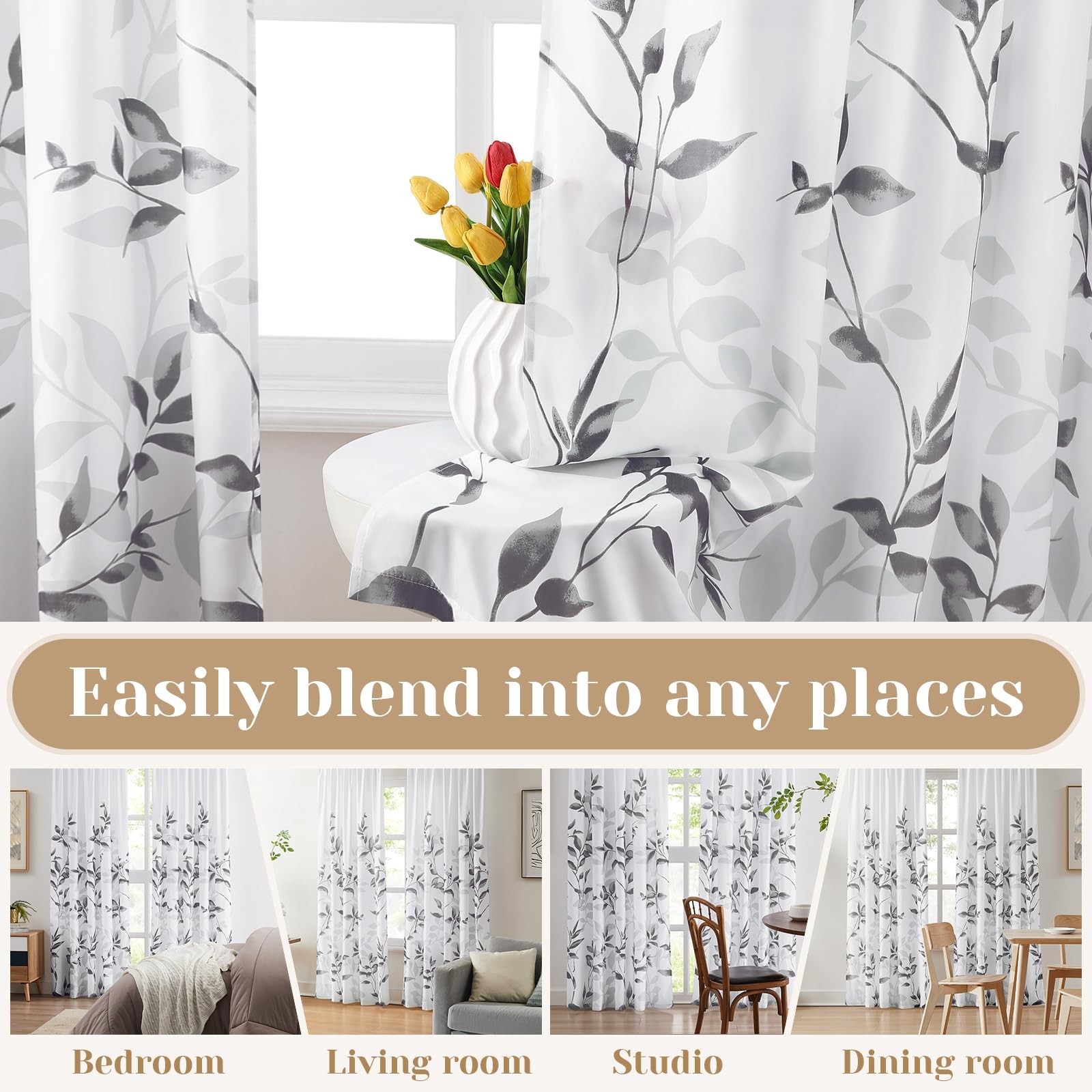 Non-See-Through Light Grey and White Privacy Sheer Curtains 52 X 63 Inch Leng…