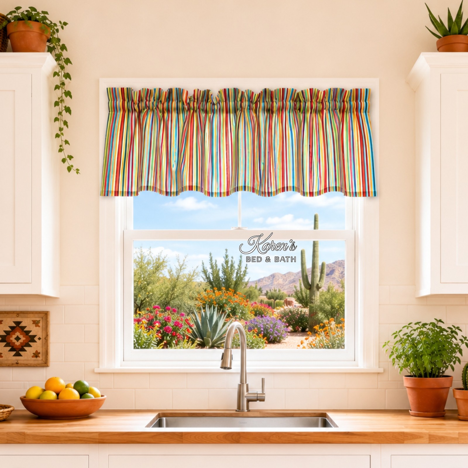 Handmade Multicolor Rainbow Stripe Kitchen Valance Rod Pocket Header Cotton USA