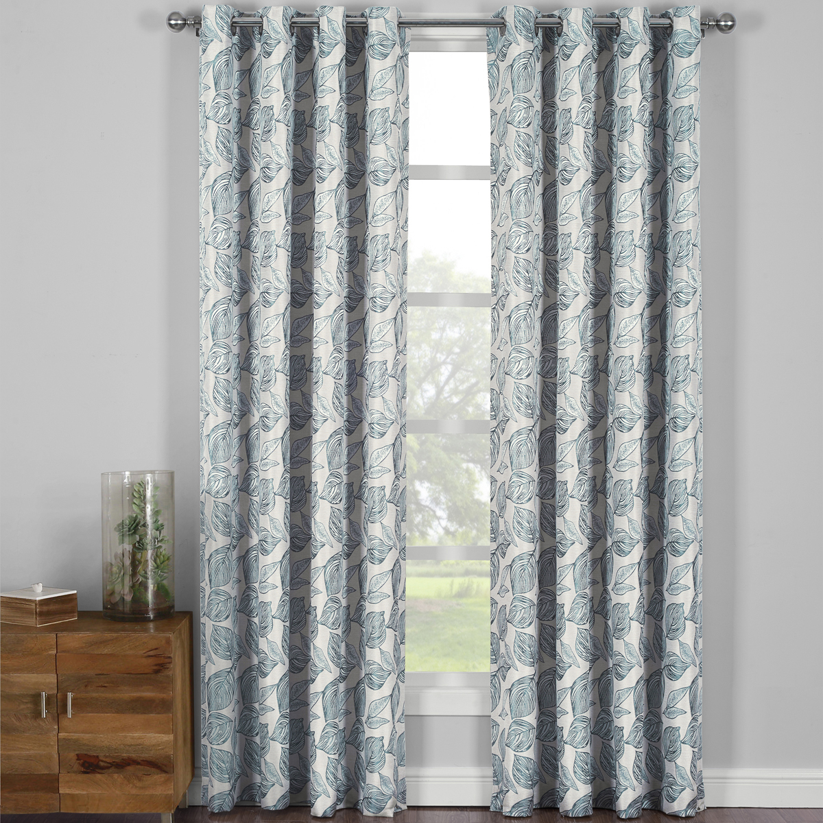 Catalina Pair Jacquard Textured Garden Theme Fabric Grommet Top Curtain Panels