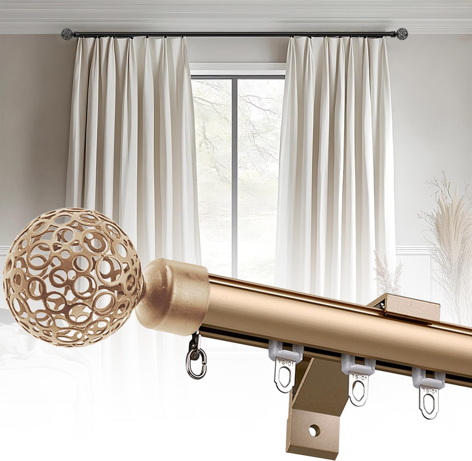 Heavy Duty Gold Curtain Rod, 6.6Ft Silent Rail for Room Divider & Windows