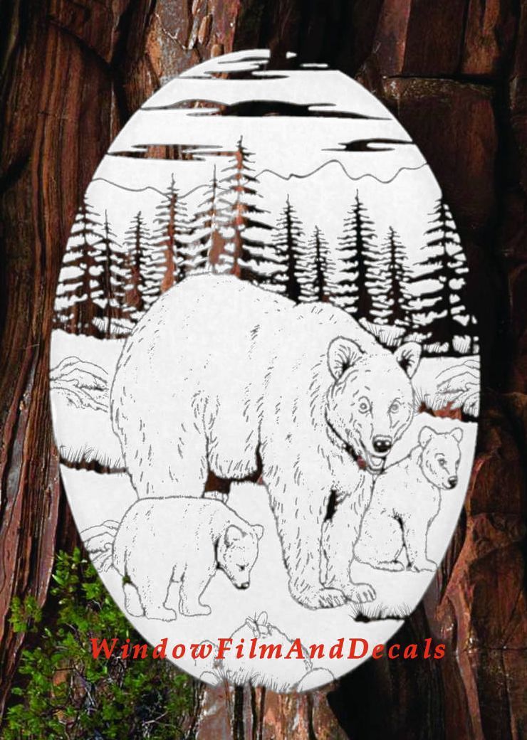 Bears Static Cling Window Decal 10×16 OVAL Etched Glass Look Country Door Decor