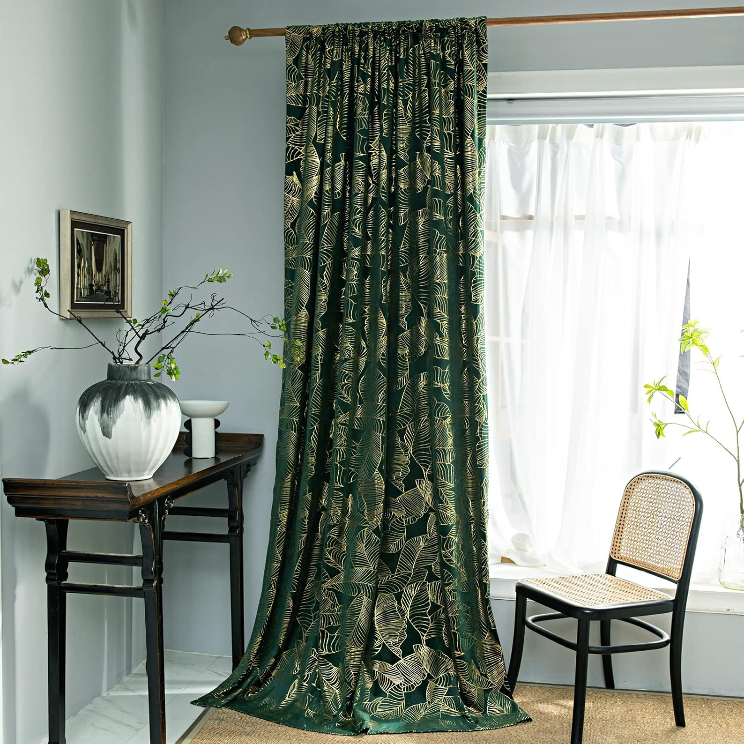 Velvet Green Curtain Leaf Plant Bedroom and Living Room High-End Gold Foil Print