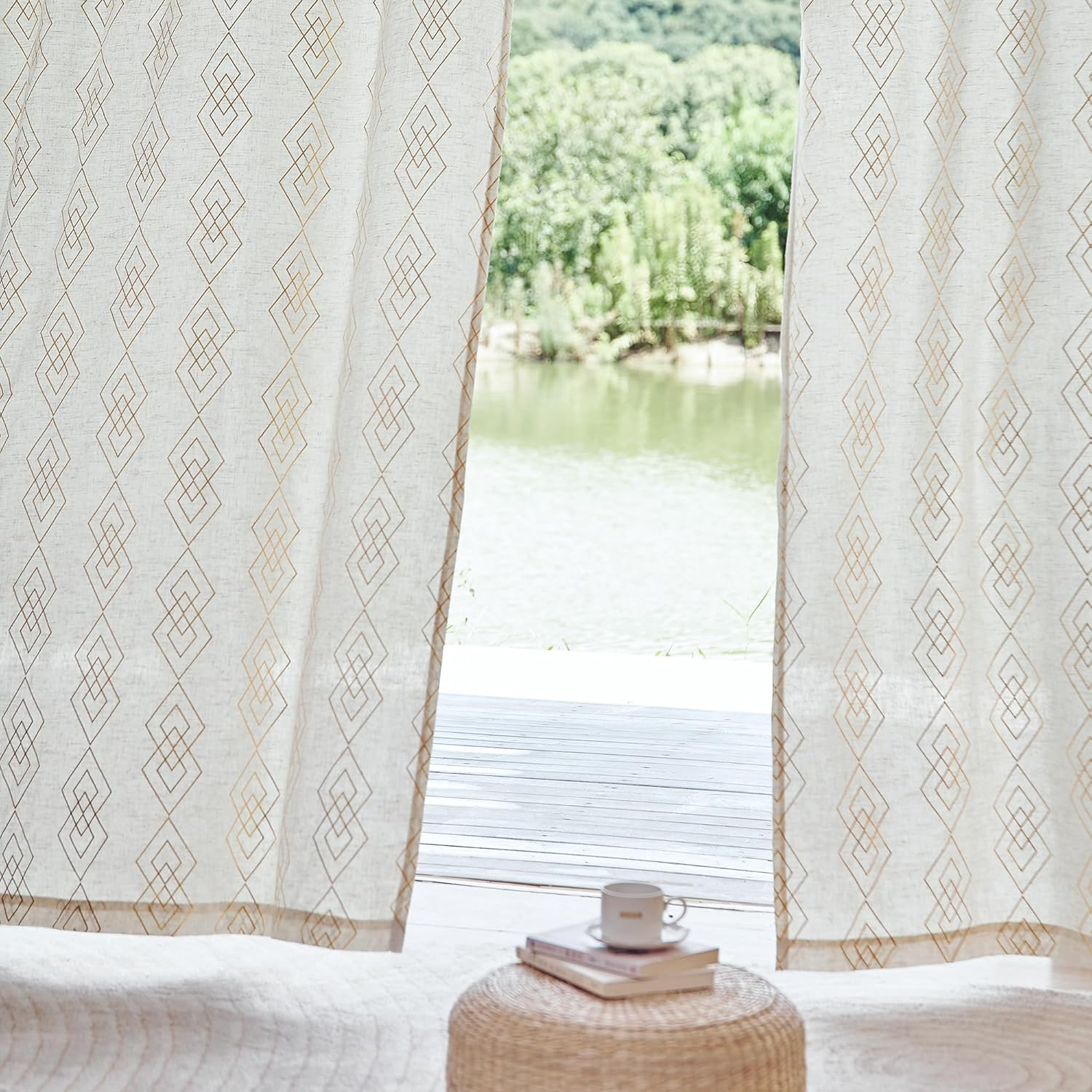 Linen Boho Curtains for Bedroom,63 Inch Length Curtains Gold Foil Metallic Strip