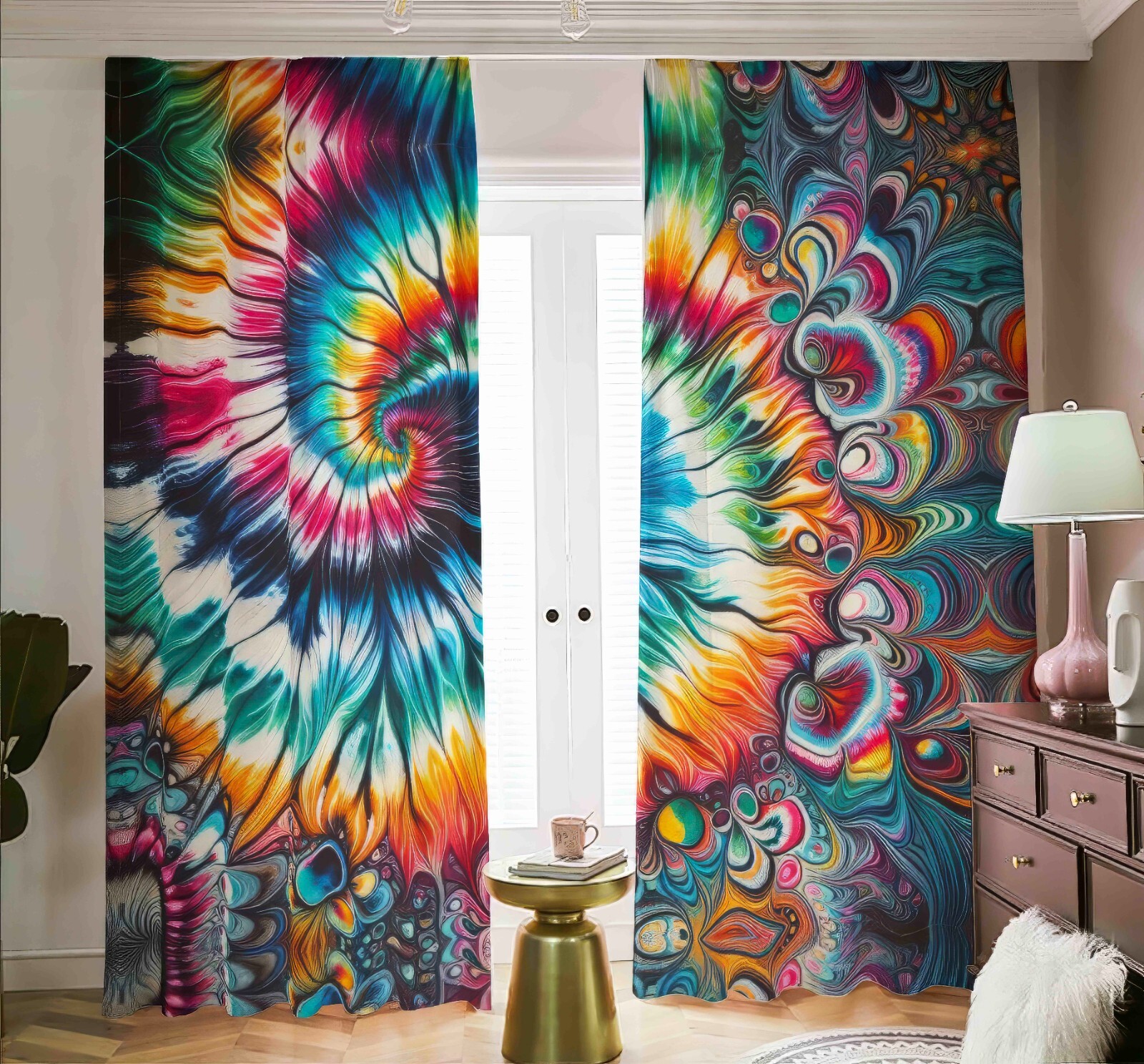 Psychedelic Tie Dye Blackout Curtains Black Out Rainbow Spiral Tied Dyed Fractal