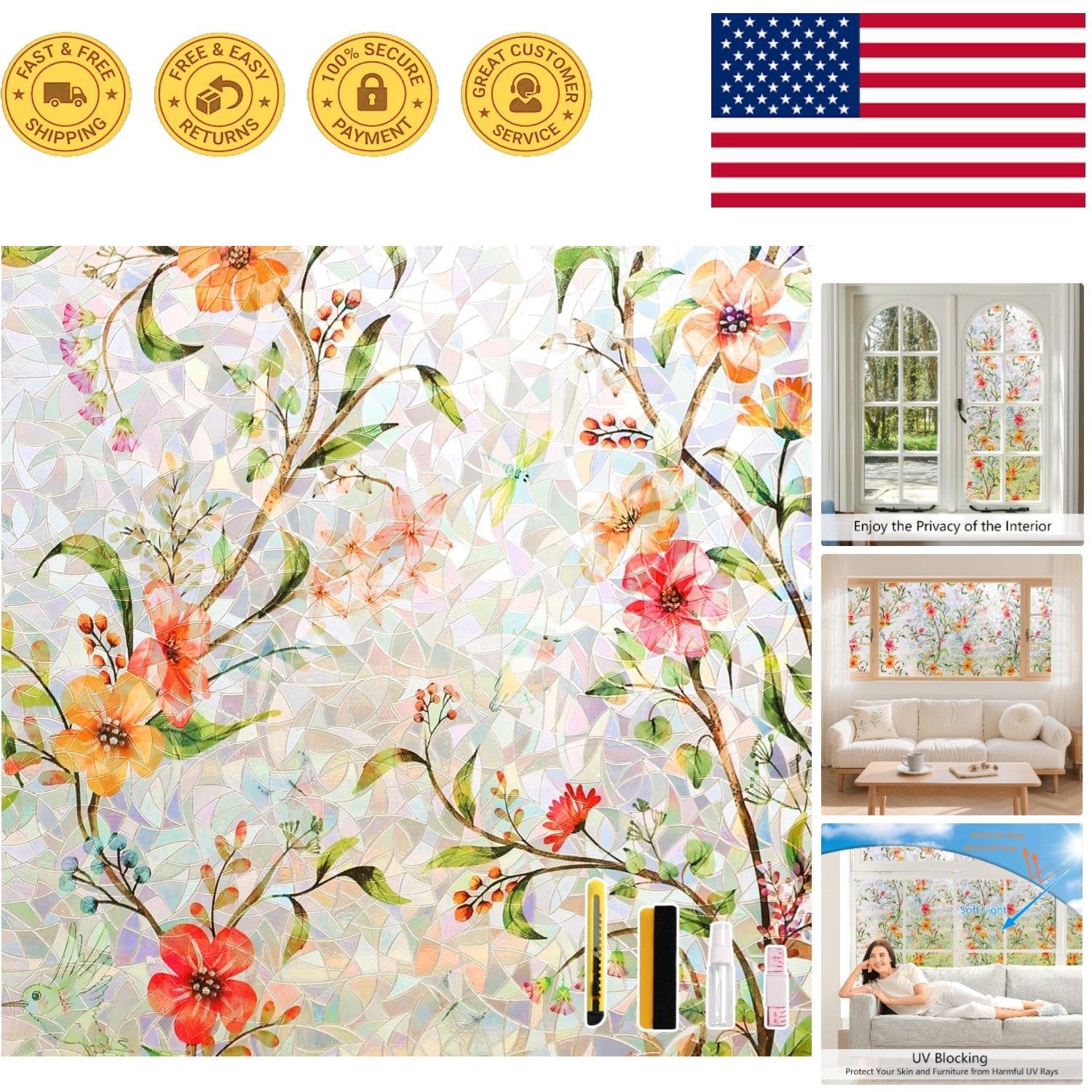 Static Cling Window Film: 3D Rainbow Effect & UV Protection, 17.5 x 78.7 Inch