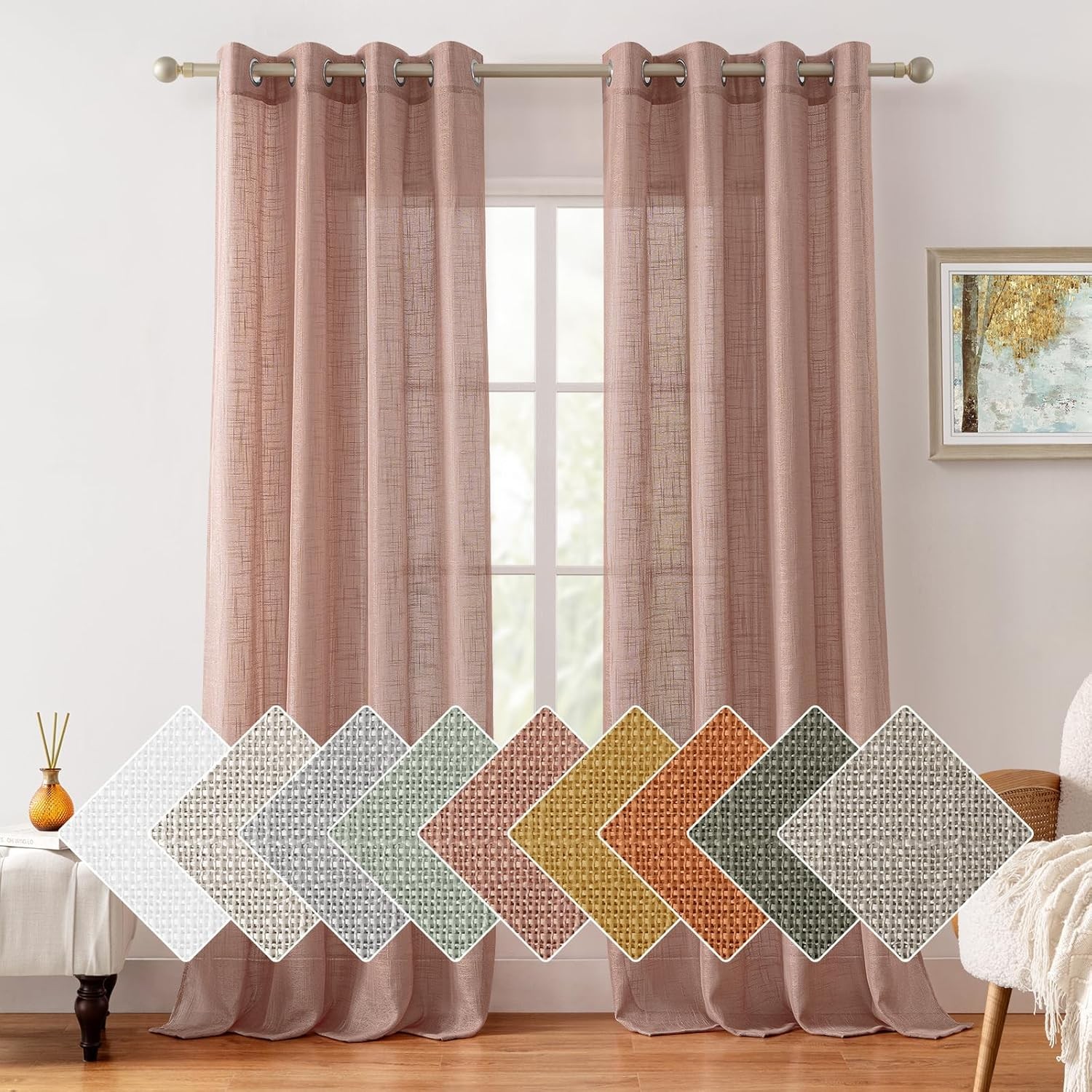 Blush Pink Linen Textured Sheer Curtains, 84 Inches Long 2 Panels Dusty Blush