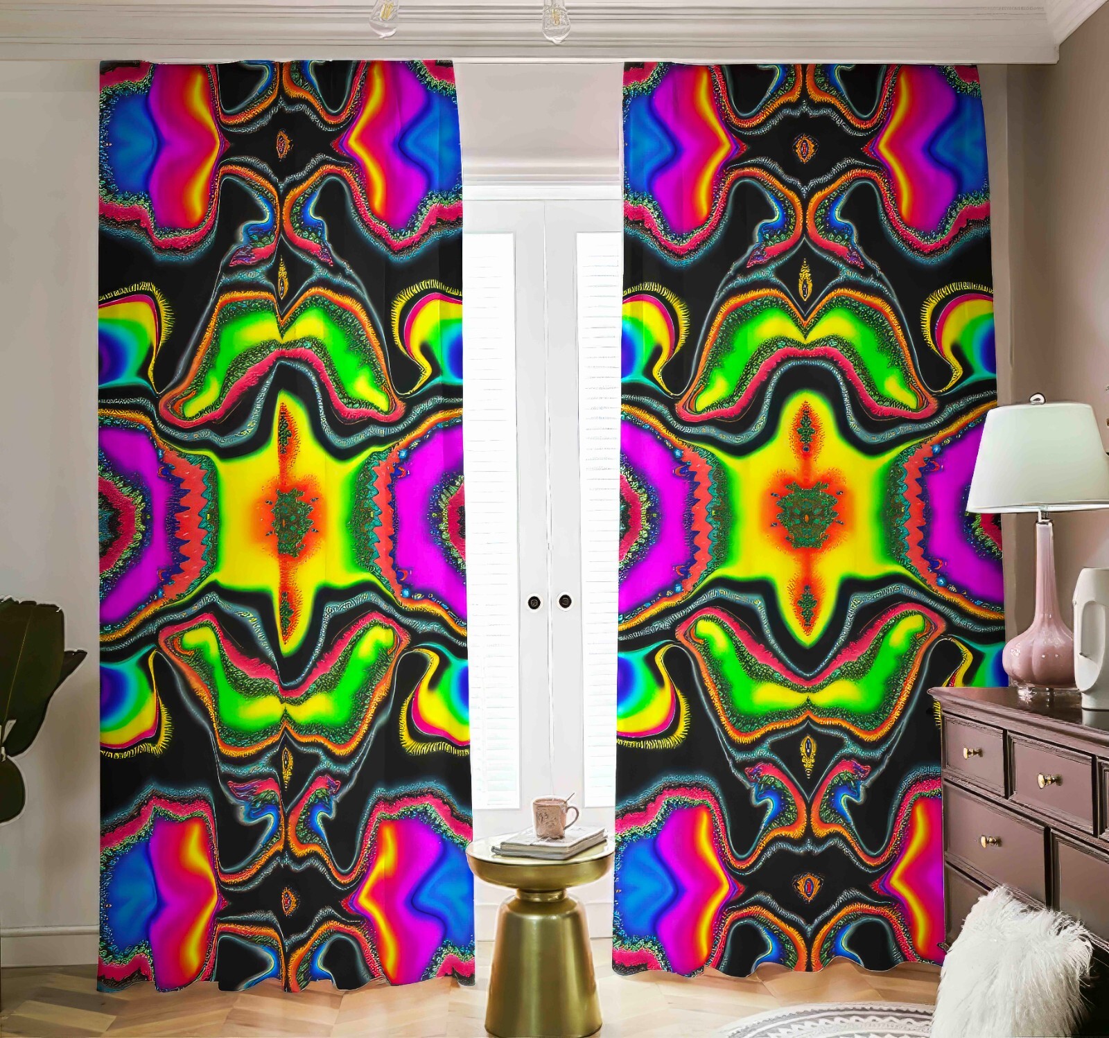 Psychedelic Tie Dye Blackout Curtains Tied Dyed Black Out Rainbow Psy Neon Pink