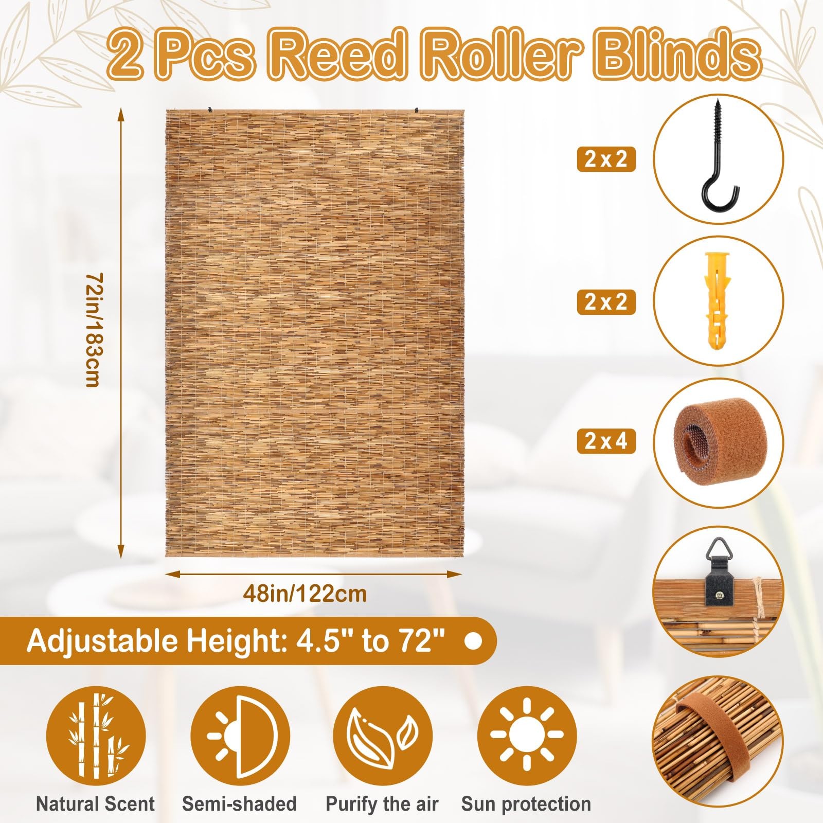 DoubleFill 2 Pcs Bamboo Shades Outdoor Reed Roll Up Blinds 48″ W x 72″ H Blac…