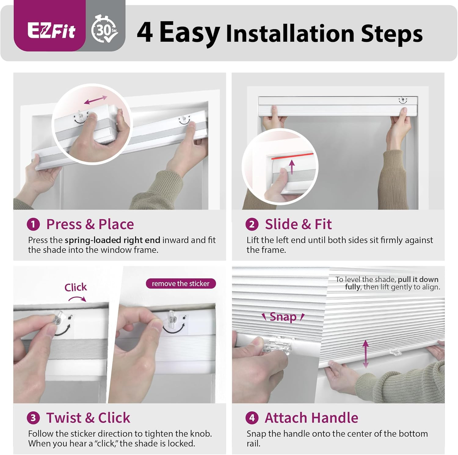 EZ Fit No Tools Cordless Blackout Cellular Shade 21.5″ W x 48″ H – White