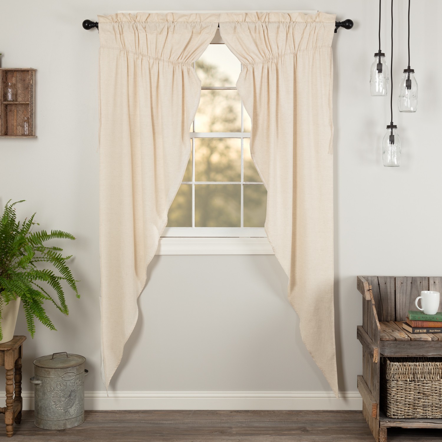 Simple Life Natural Flax Lined Country Chic Gathered Long Prairie Curtains