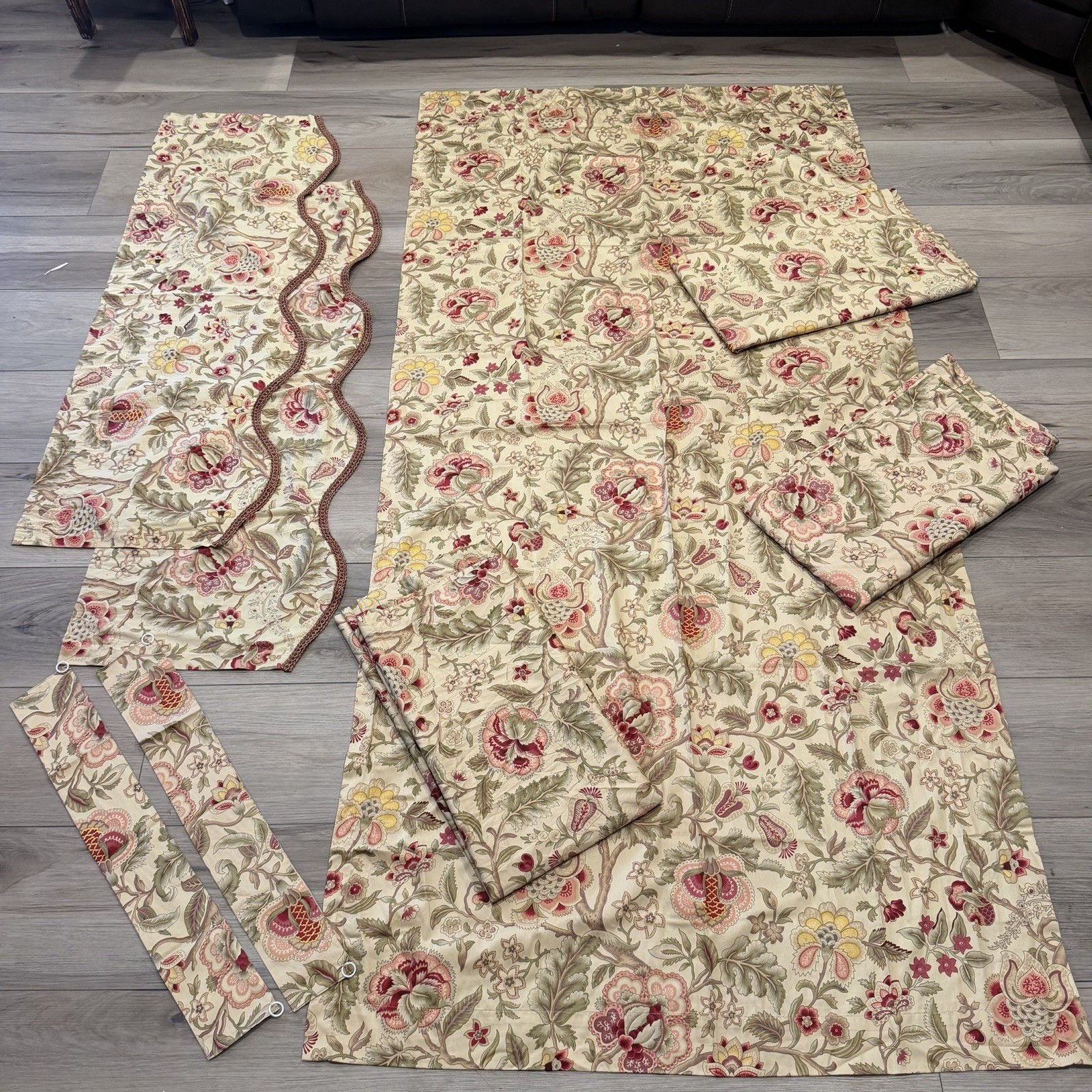 8 Pc WAVERLY Imperial Dress Jacobean Floral Curtain 4 Panel 2 Valance 2 Tie Back