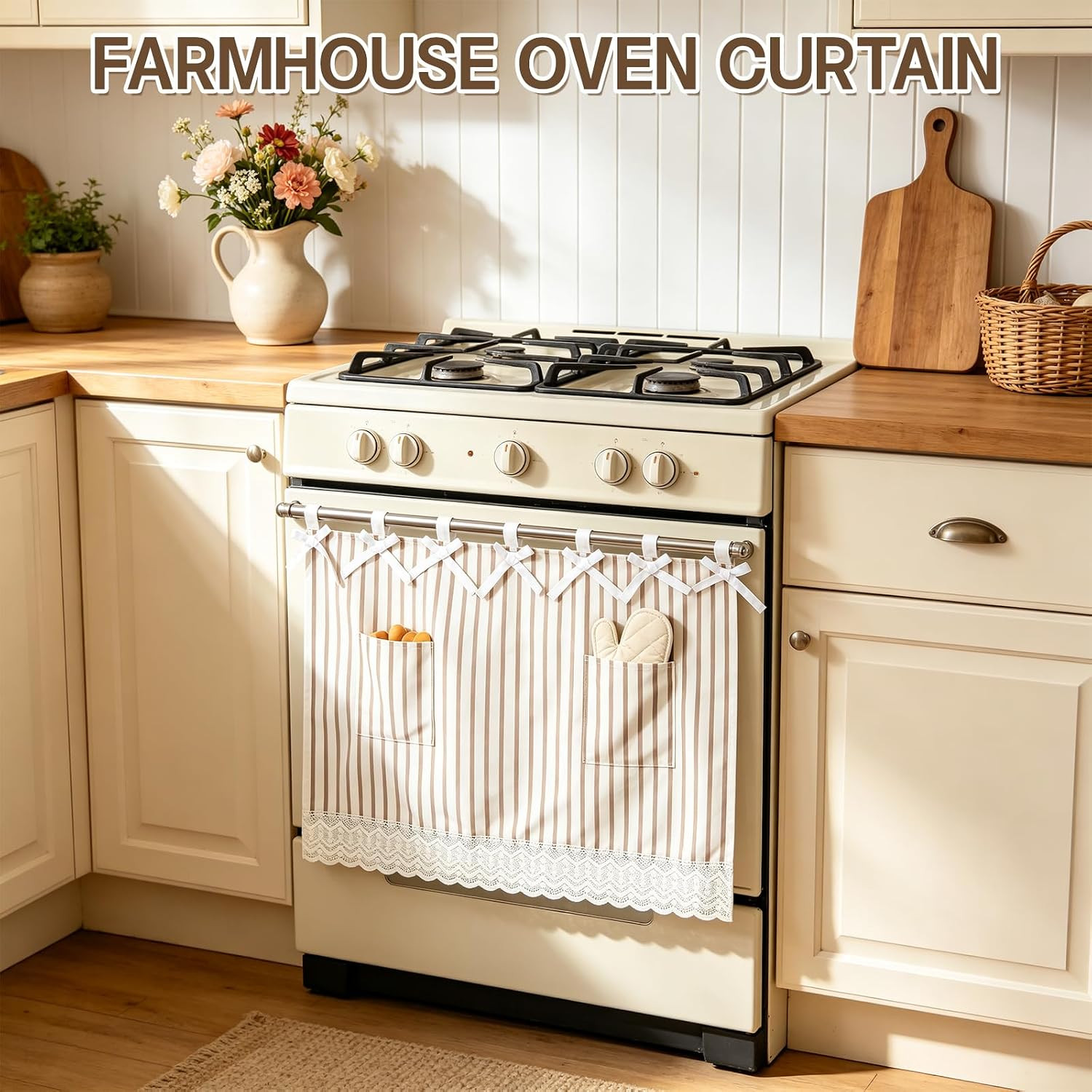 Oven Curtain Skirt – Hook and Loop Straps Stove Curtain with Pockets Stripe Oven