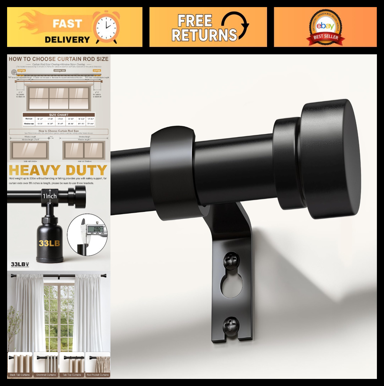 Adjustable Black Curtain Rods 48-84″ Heavy Duty 1″ Diameter with Decorative Fini