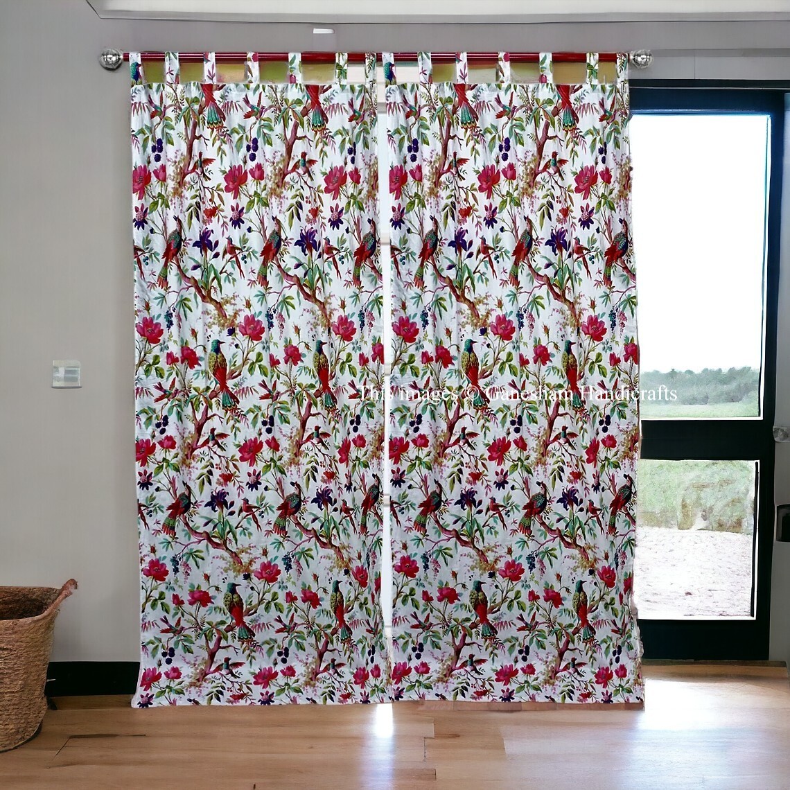 2 Pieces Indian Vintage Cotton Bird Print Boho Drapes Window Decor White Curtain