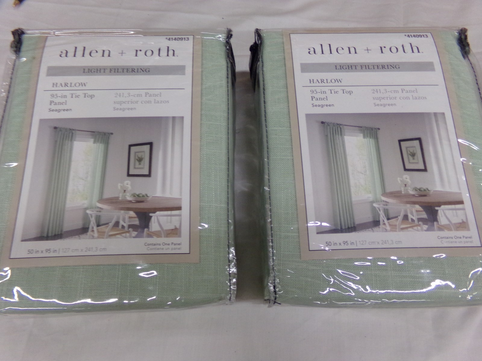 ALLEN+ROTH HARLOW GREEN 95″ TIE TOP LIGHT FILTERING CURTAIN PANEL LOT OF 2 ~ NEW