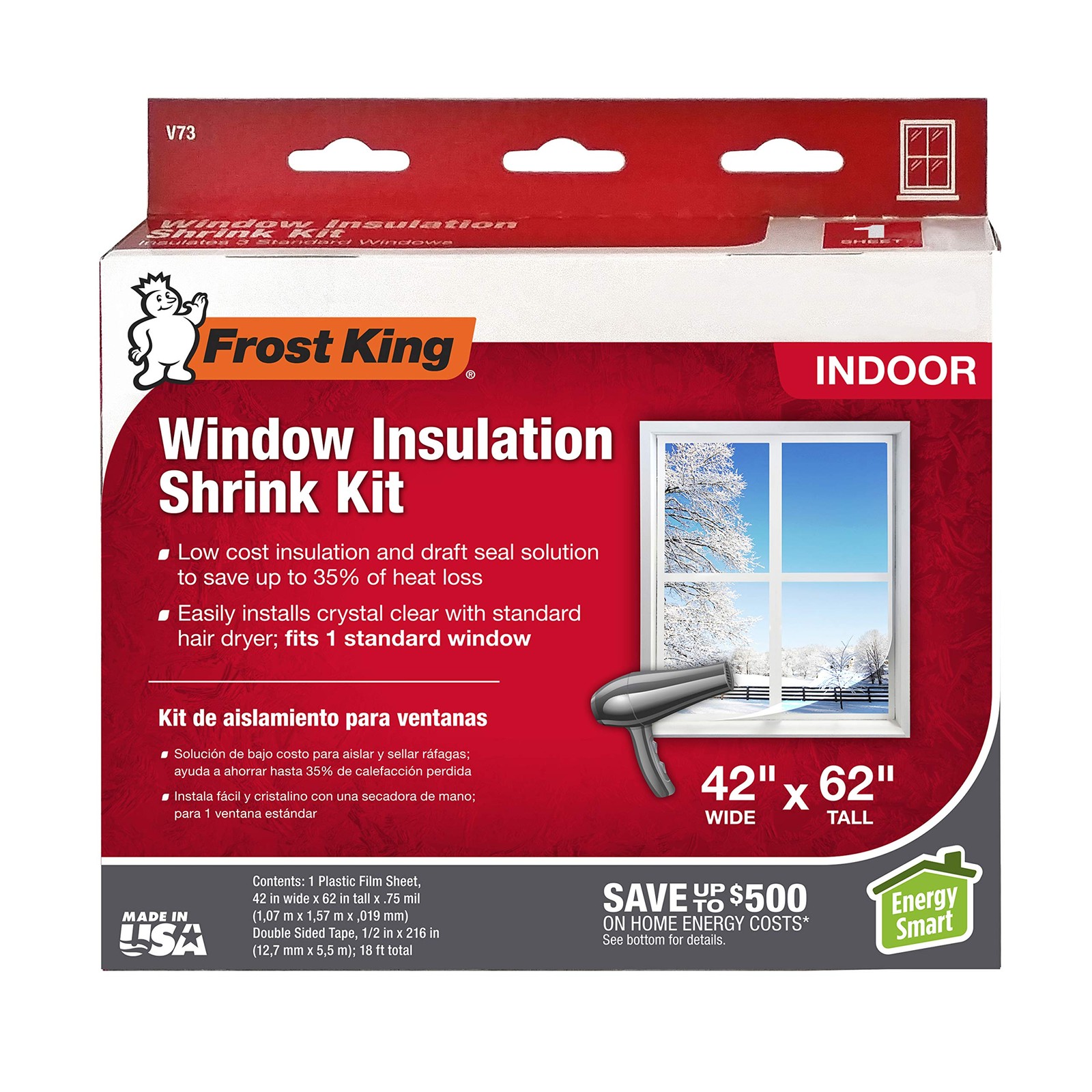 Frost King Indoor Shrink Window Kit 42×62 Crystal Clear Plastic Sheet 1 Pack