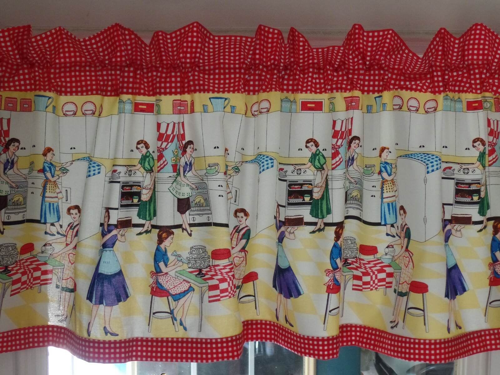 1950’s RETRO Kitchen Valances, “Home Ec”, Women Working In Aprons In Kitchen Red