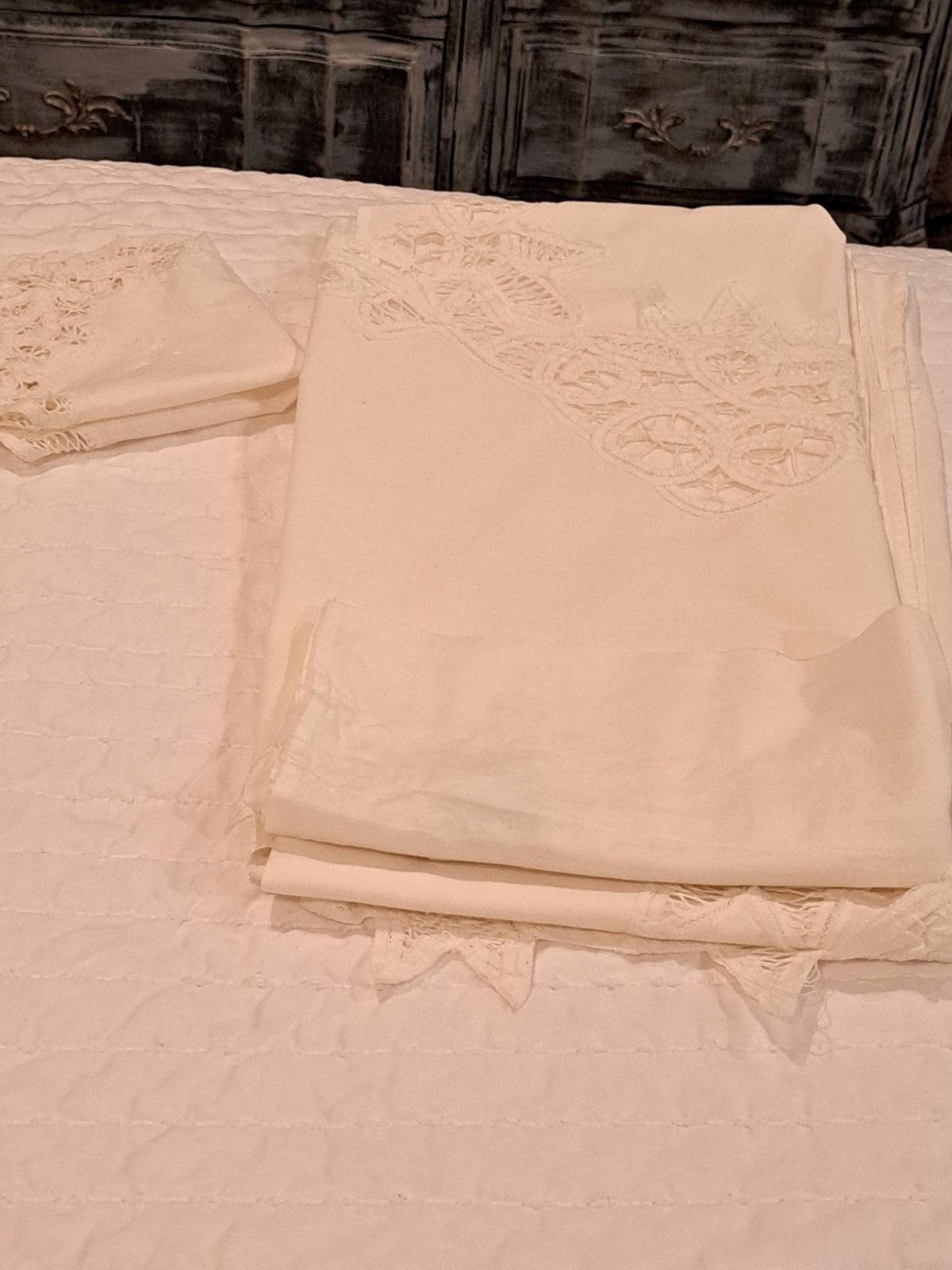 Set White Battenburg Lace Trim Window Curtain Valance Cotton Shabby Cottagecore+