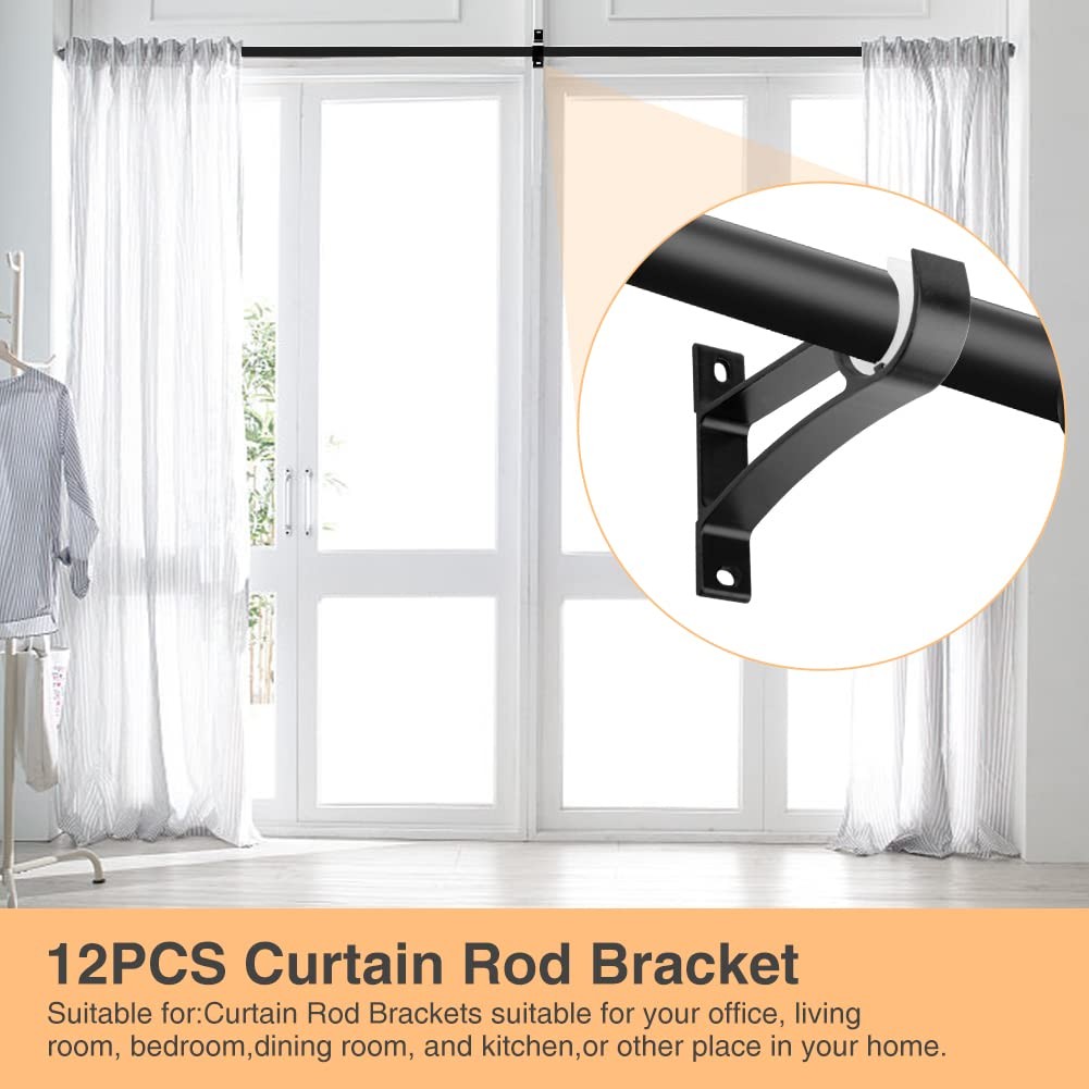 Curtain Rod Brackets, Set of 12, Aluminium Alloy, Wall & Ceiling Mount, Black