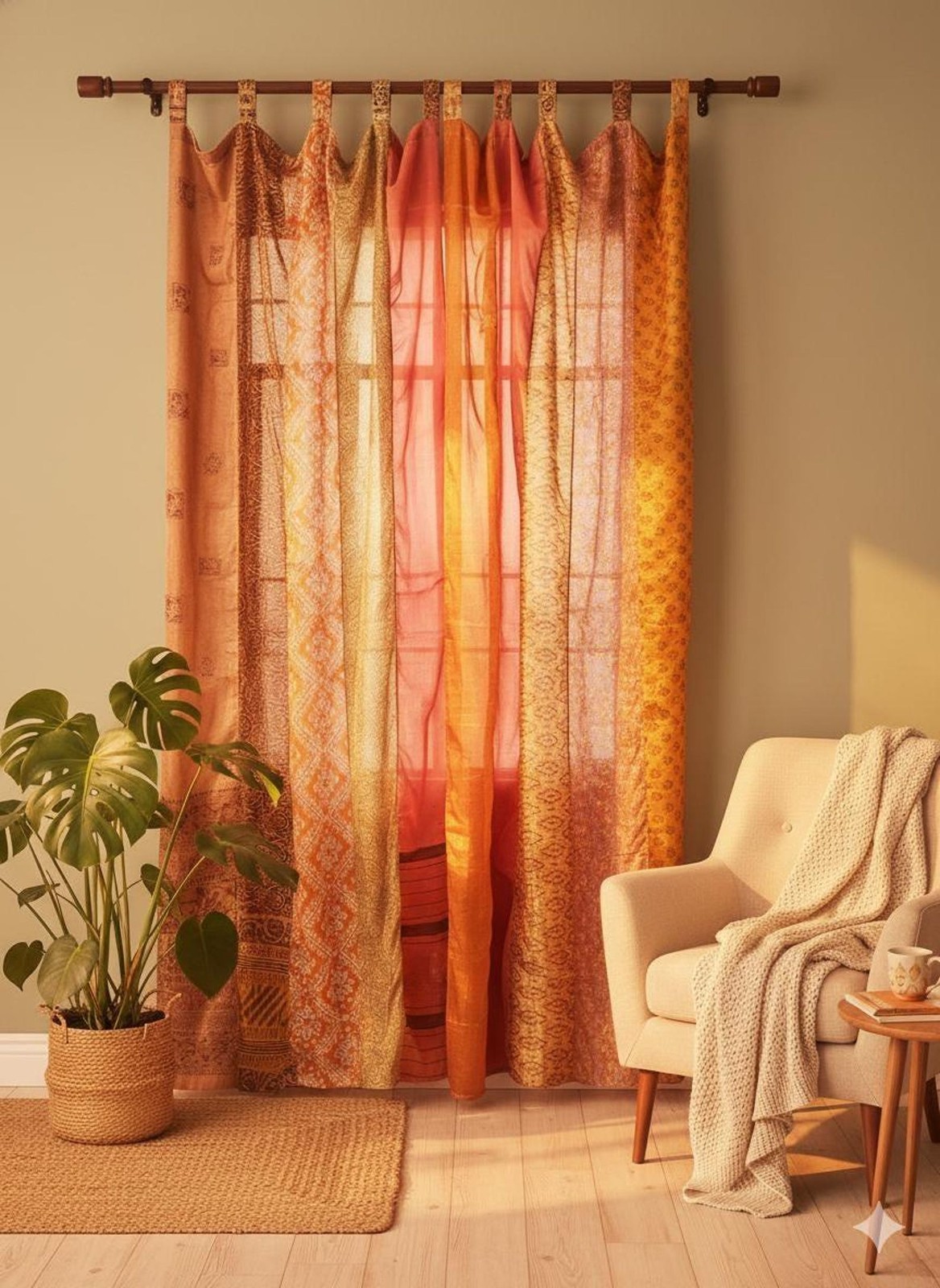 Gypsy Boho Curtains Light-Filtering Orange Curtain Handmade Set of 2 Sari Silk