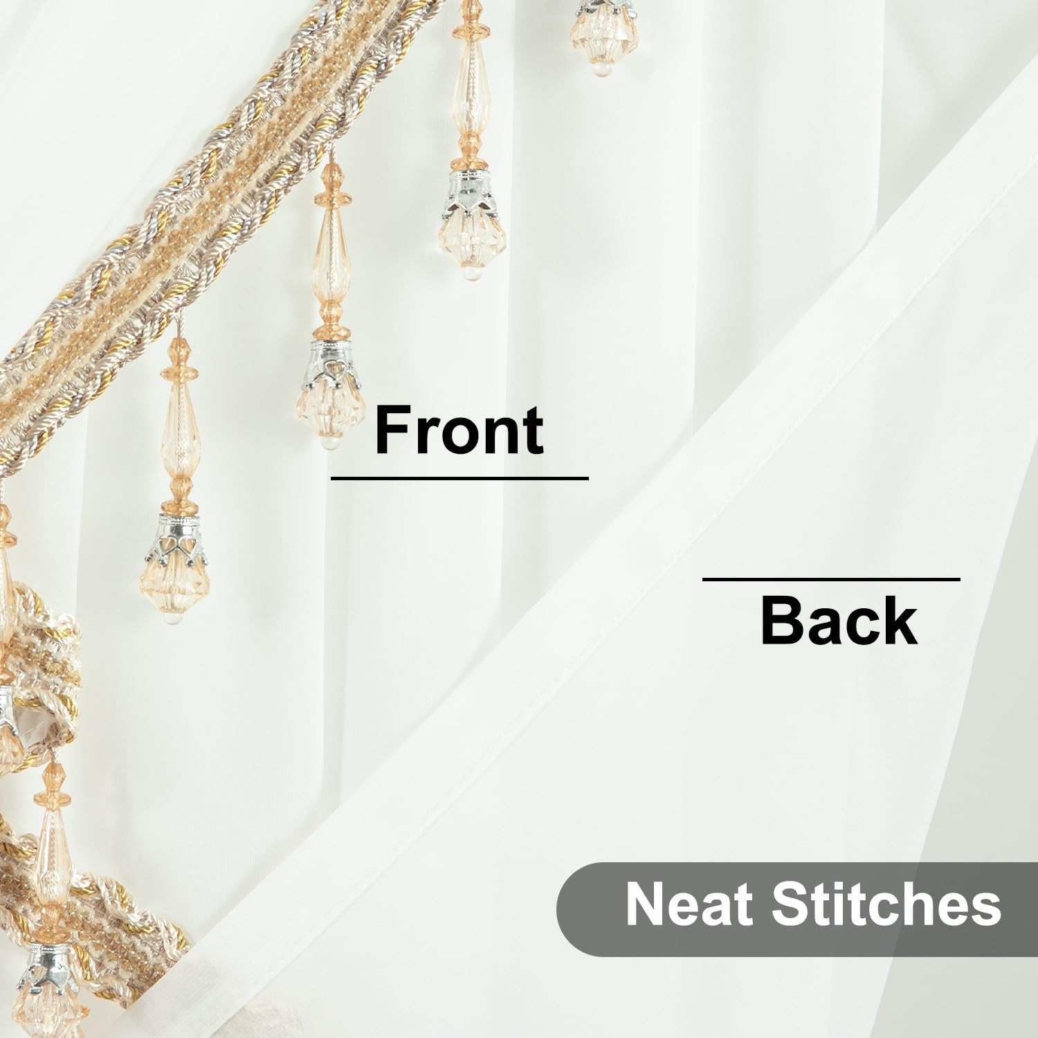 Charming White Sheer Waterfall Valance Curtains with Beaded Tassels, 59″ Wide