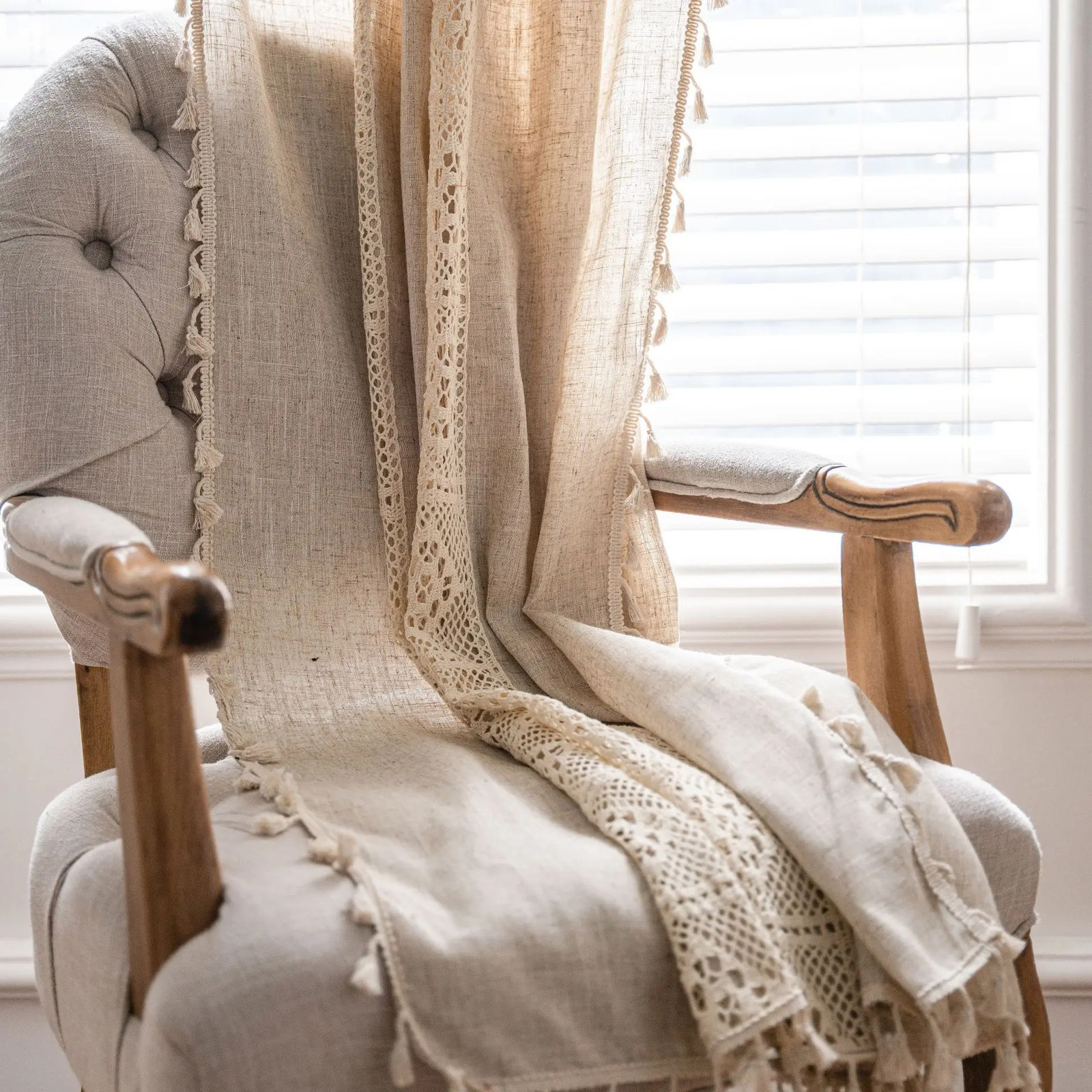 Linen Semi Blackout Curtain 1 Panel Handmade Cotton Burlap Stitching Lace Tassel