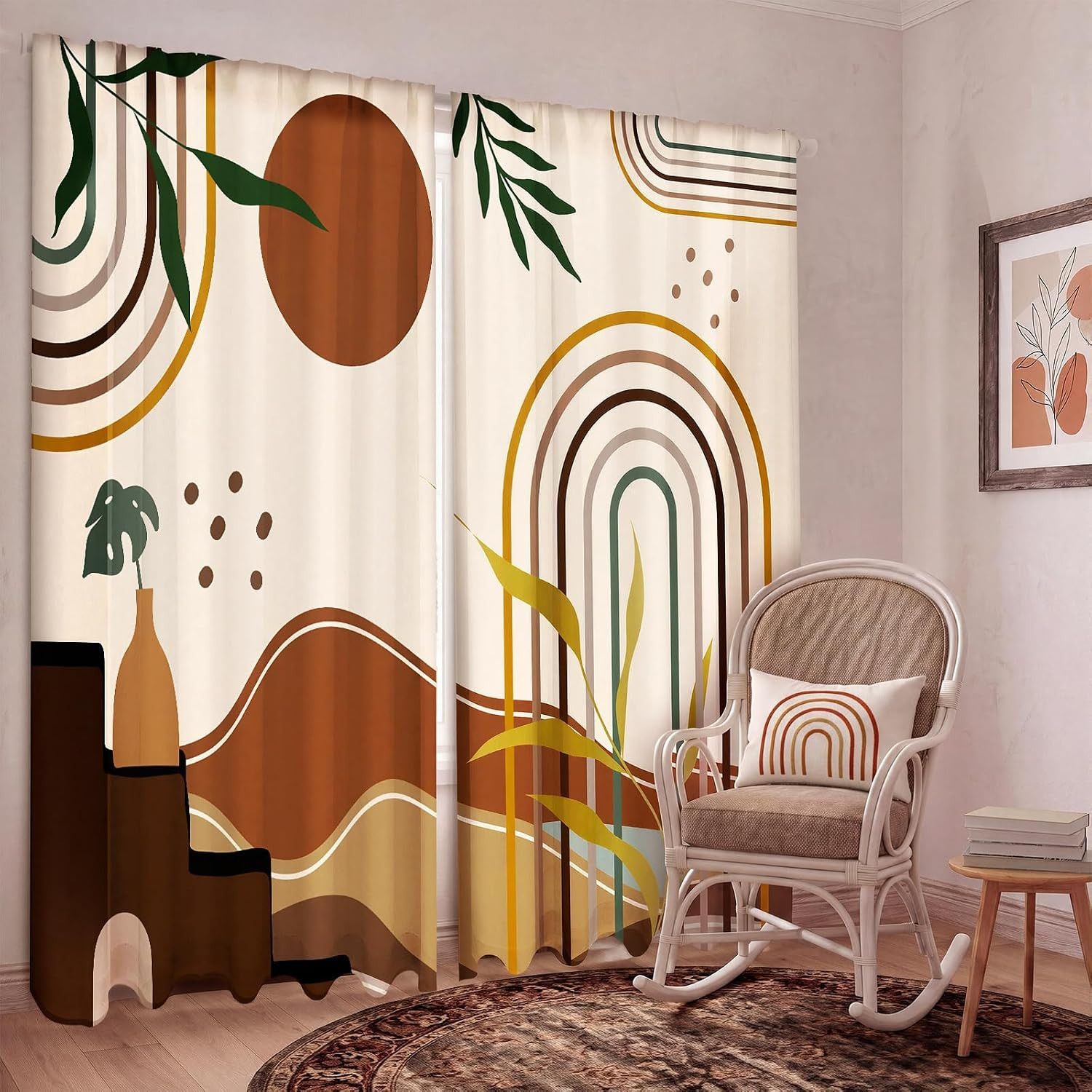 2 Pcs Boho Curtains for Living Room Mid Century Abstract Leaves Rainbow Curtains