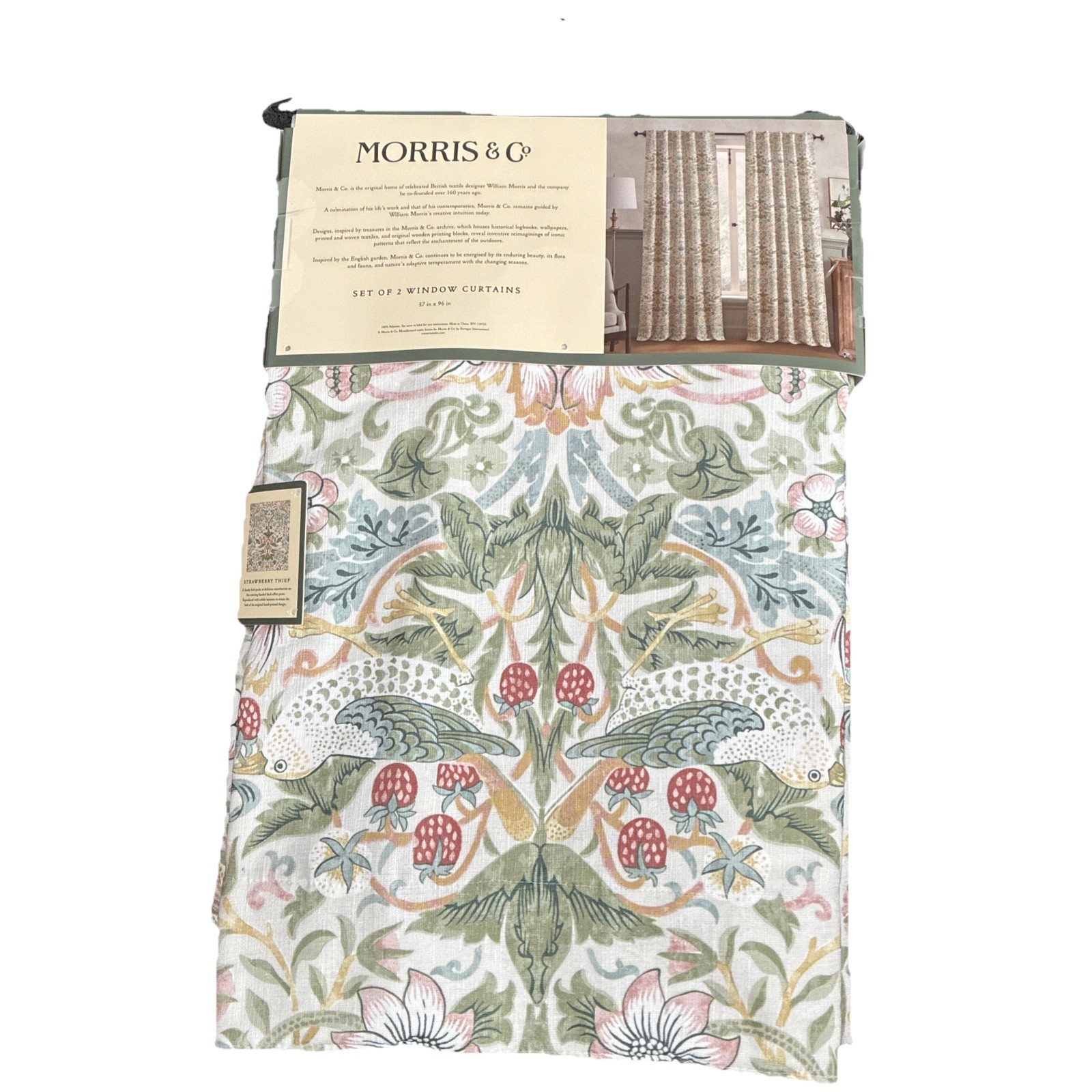 New Morris & Co Strawberry Thief 2 Pack Window Curtain Sage Green (37 x 96″)