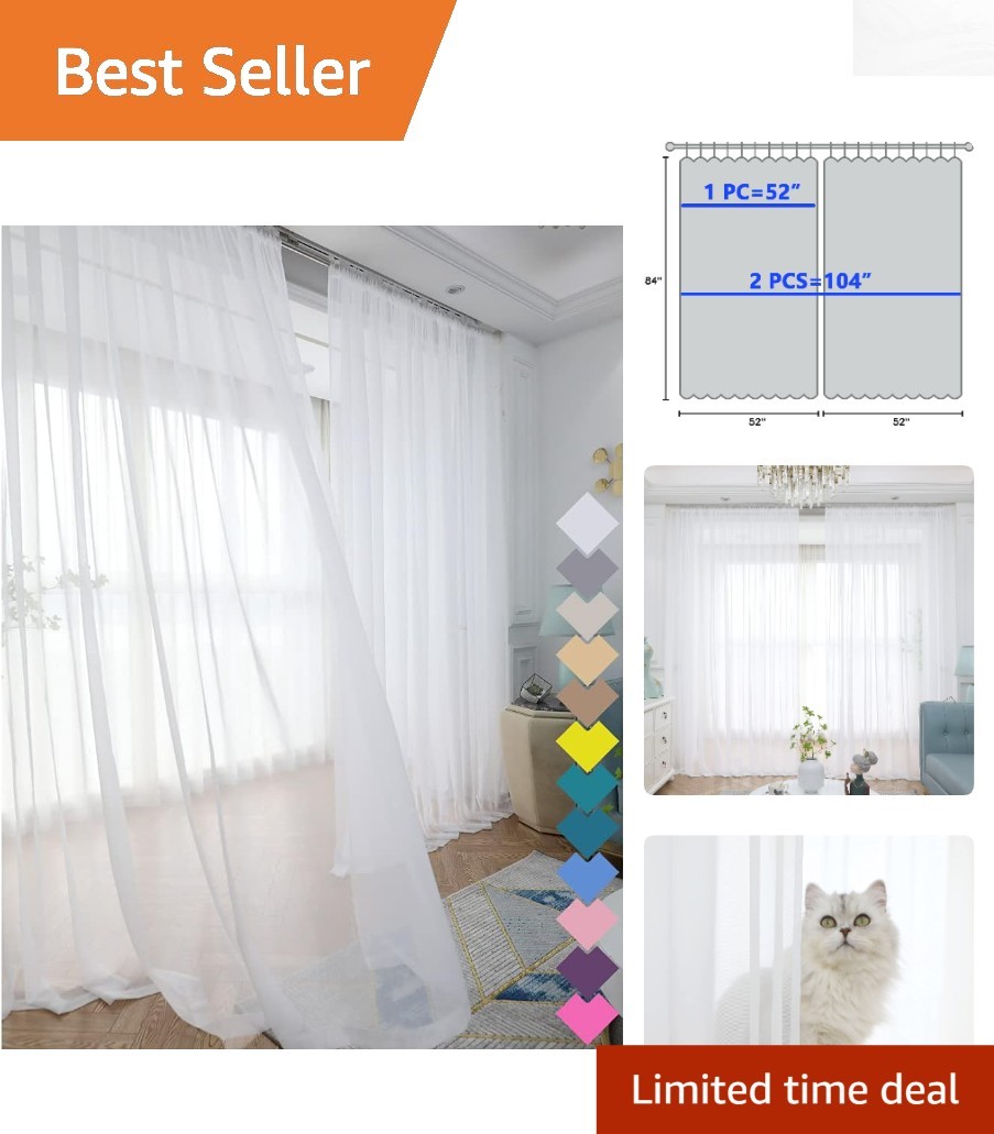 Customizable Length Sheer White Curtains – 84-Inch with Rod Pocket Style