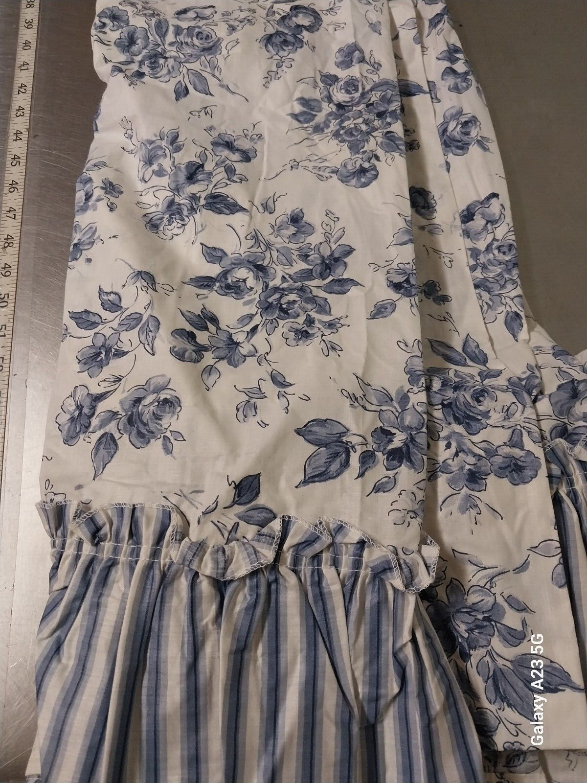 Crown Craft Floral Drapes-Blue & White Ruffled-Indigo Blue-New NOS-86 x 84