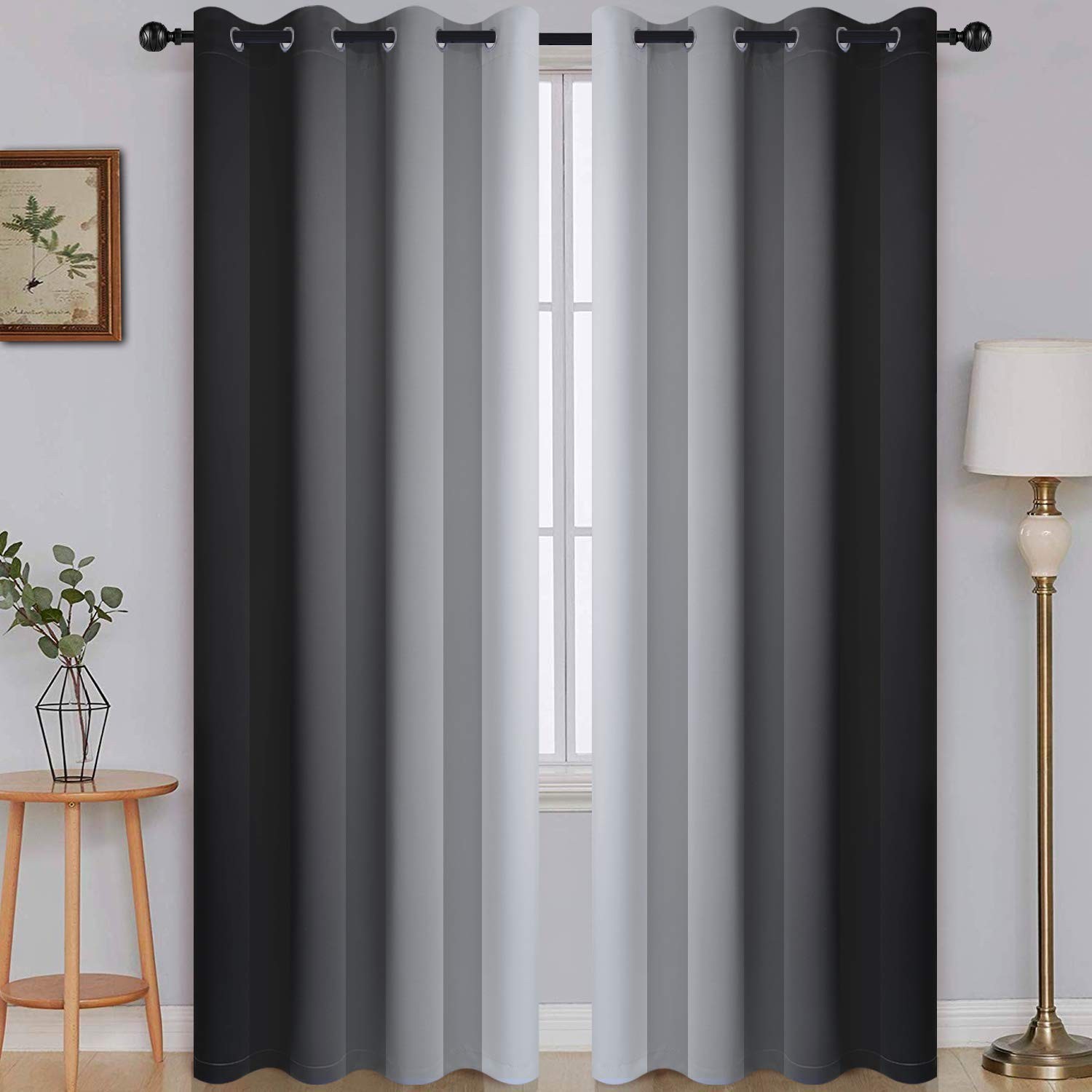 Ombre Room Darkening Curtains – Gradient Black to Grey, Light Blocking, Thermal