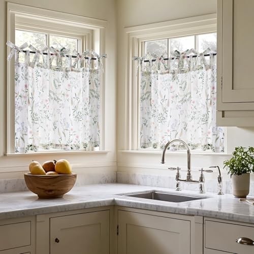 Linen Kitchen Curtain 50″W x 36″L (Pack of 1) Botanical Tie Top Sage Green