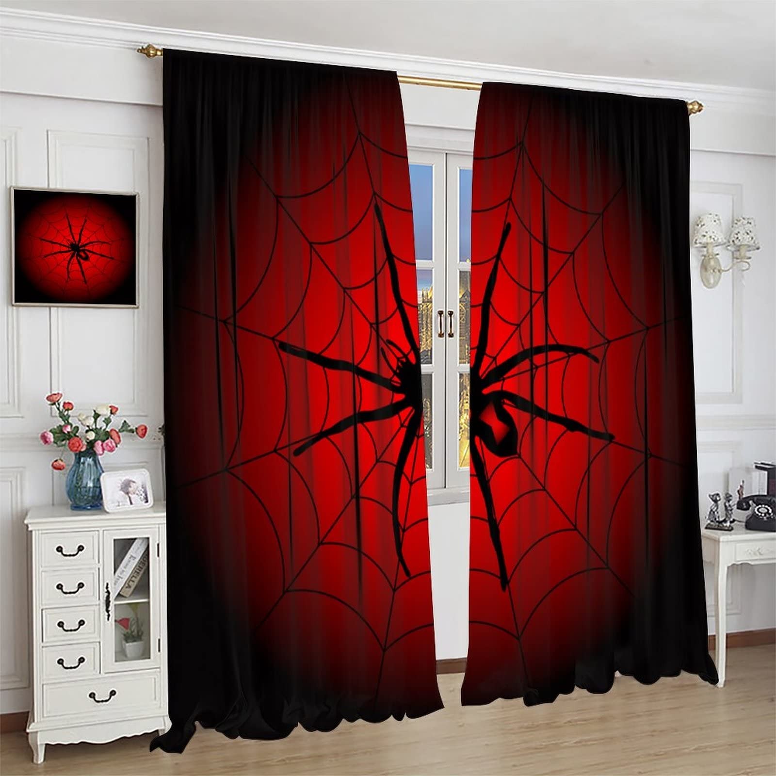 Spider Web Window Curtains for , Big Spider Black Spiderweb Blackout Rod Pock…