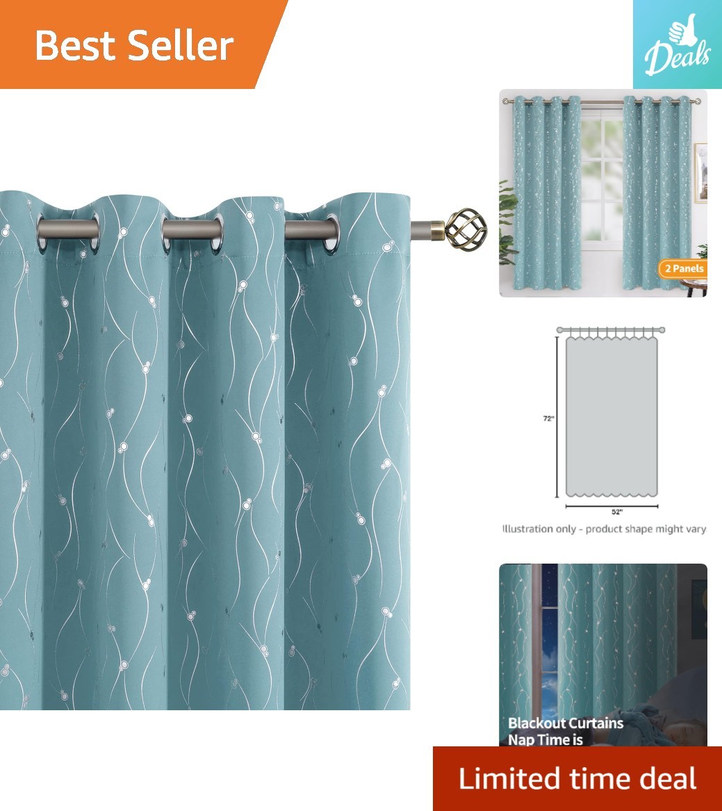 Luxurious Wave Line & Dots Blackout Drapes – 52 x 72 Inch Panels in Aqua