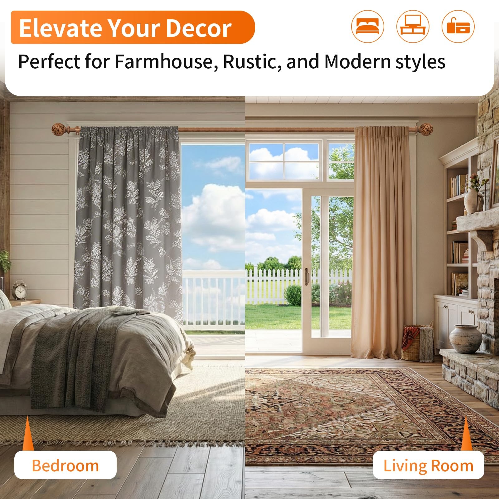 KVEEO Wood Curtain Rods for Windows 18 to 45 Inch, 1″ 18″-45″, Grain