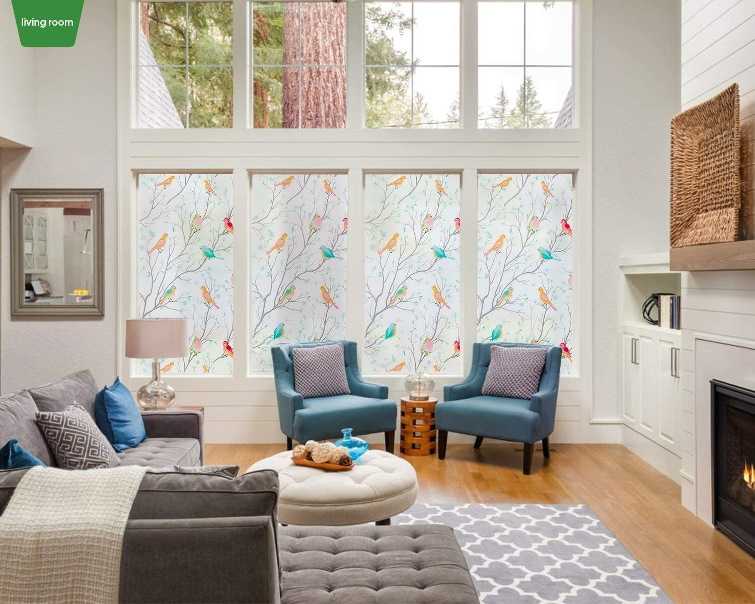 Bird&Tree No Glue Static Decorative Privacy Window Films for Glass 17.7″x78.7″