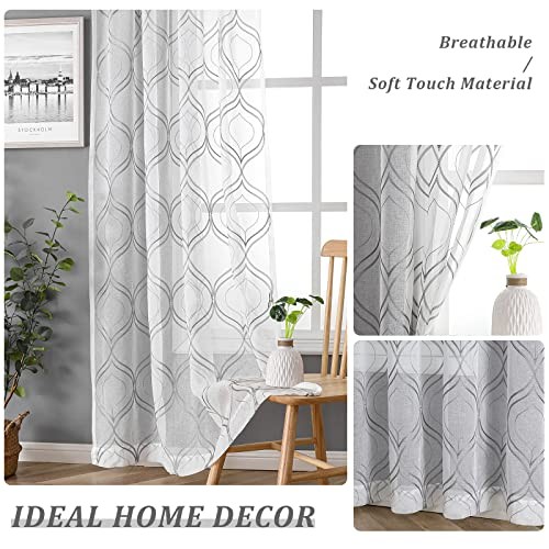 VISIONTEX Moroccan Embroidered Trellis White Sheer 54″W x 84″L (Pack of 2) Grey