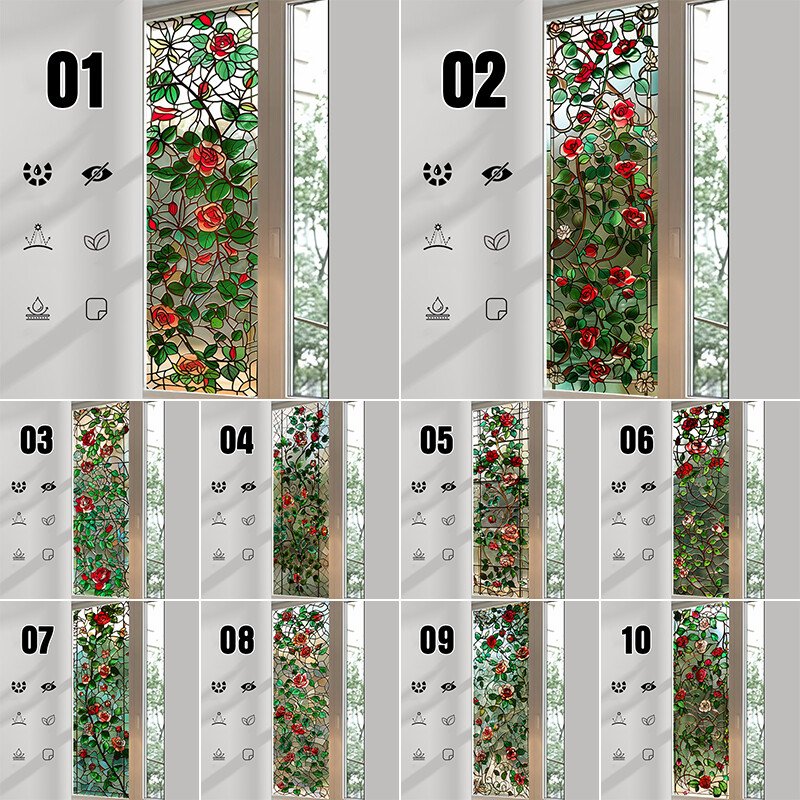 1PC Retro Rose Printed Stained Glass Window Film Self Adhesive Backing Stickers