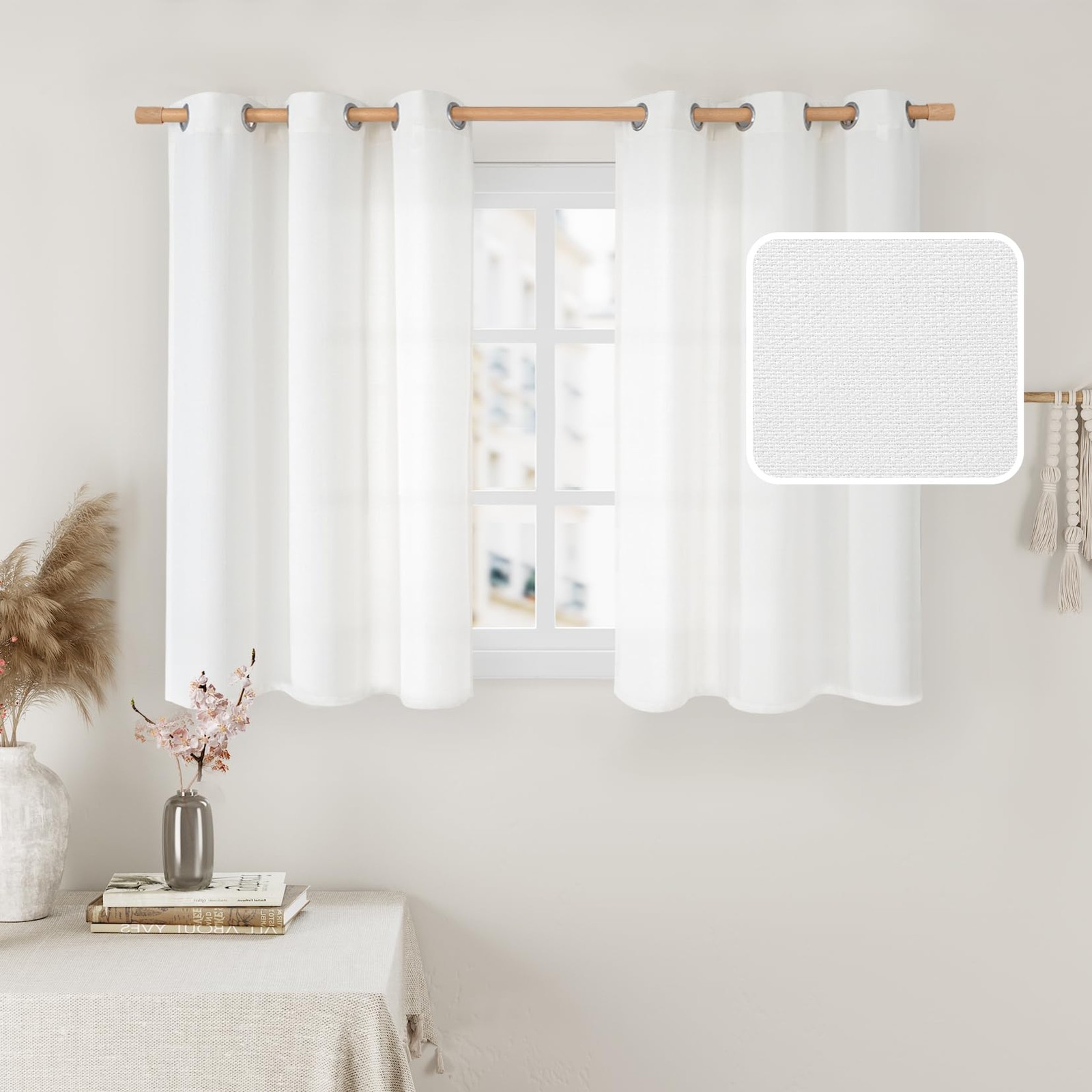 2 Pack White Linen Curtains 40 Inch Length Kitchen Windows Grommet 42×40 In