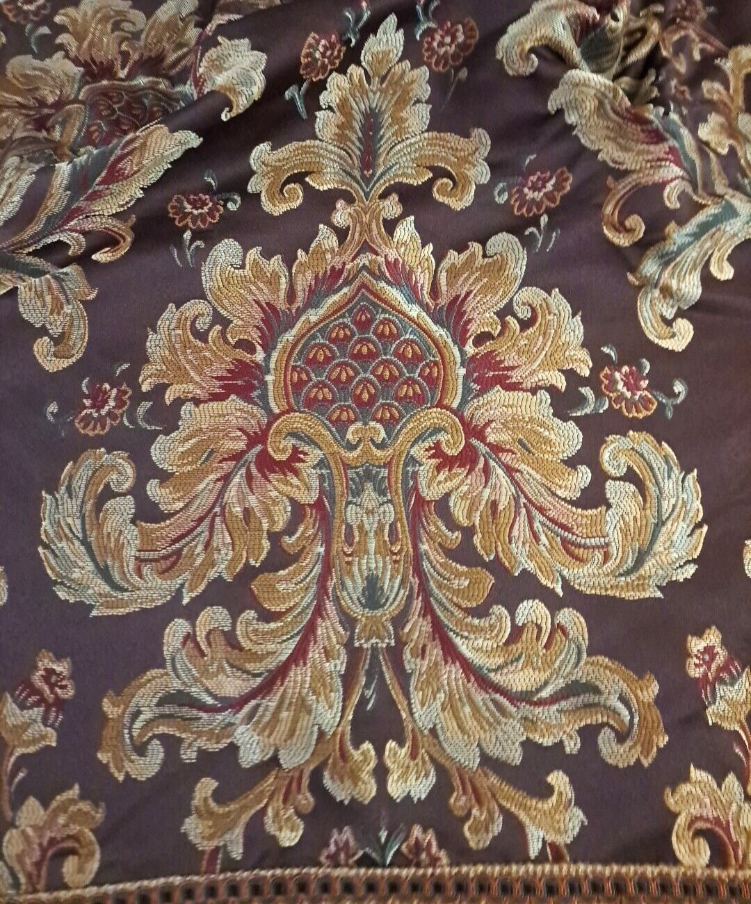 Croscill Curtain Valance Brown Gold Jacobean Tassels Curved Corner Elegant 50×23