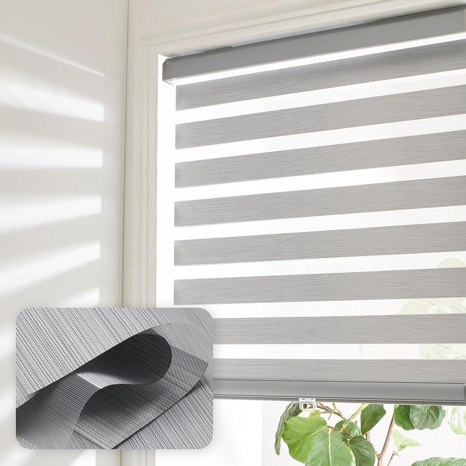 Light Grey Cordless Zebra Blinds 37″x72″ – Dual Layer Privacy & Insulation
