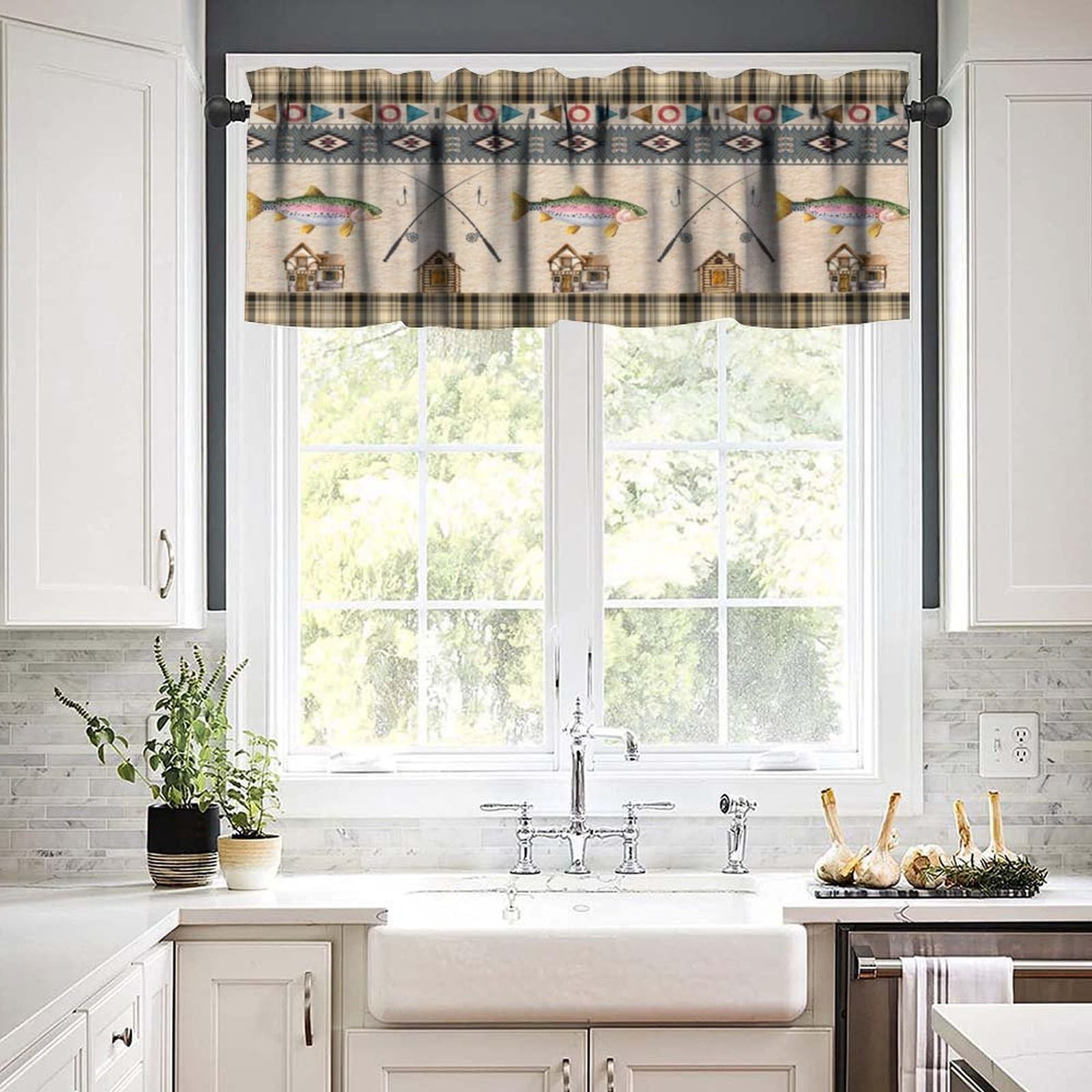 Rustic Farmhouse Kitchen Valances Curtain,Country Style Cabin Fishing Theme R…