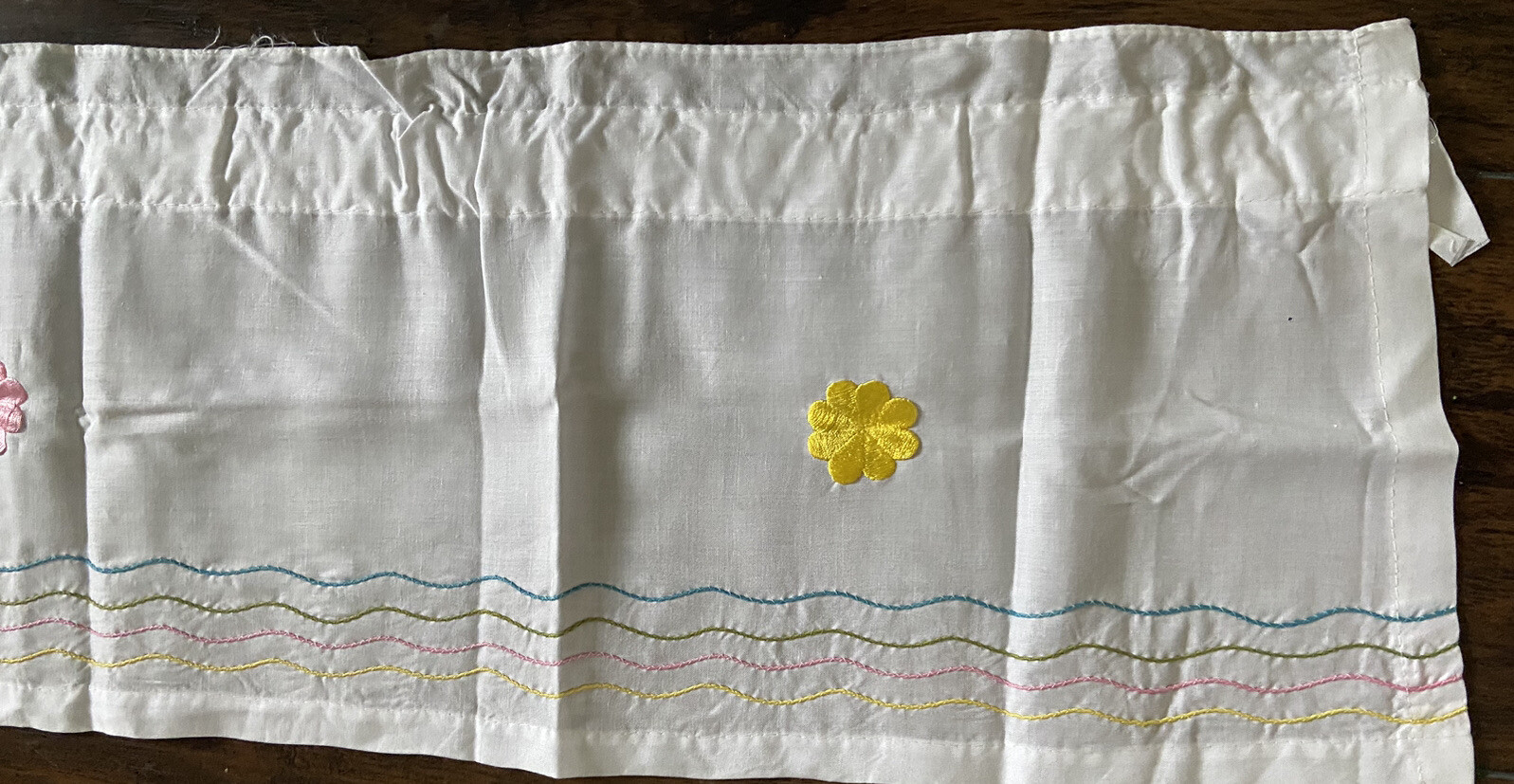 Vintage White Curtains W/Valence Embroidered Multi Colored Floral Design vg
